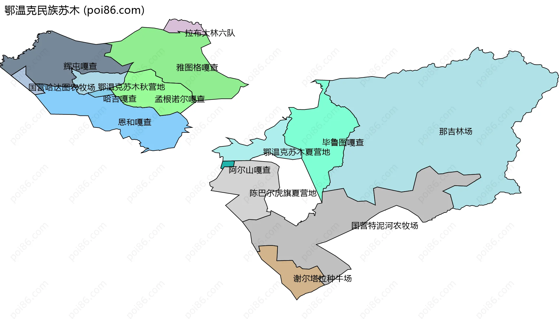 鄂温克民族苏木边界地图(五级行政区划)