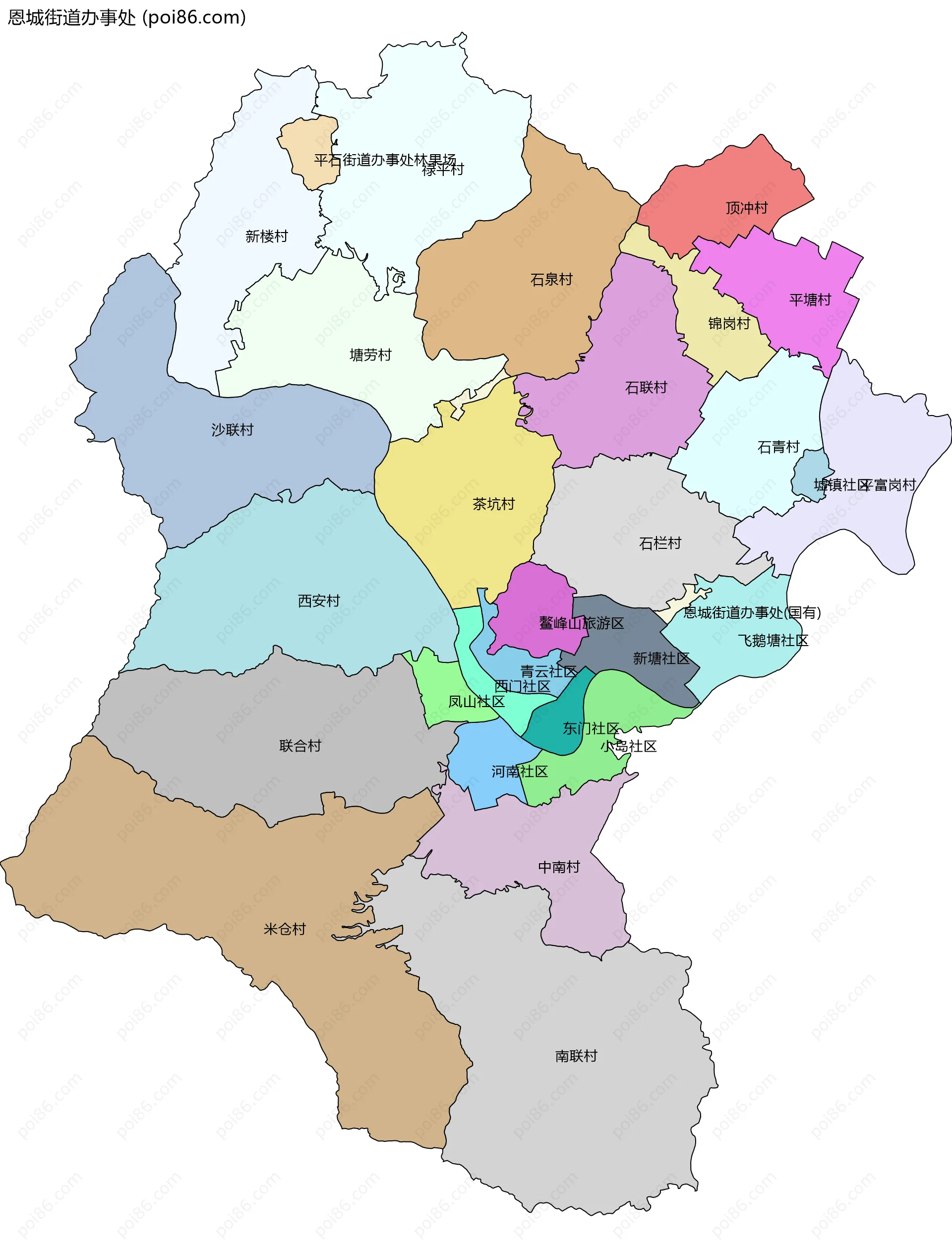 恩城街道办事处边界地图(五级行政区划)