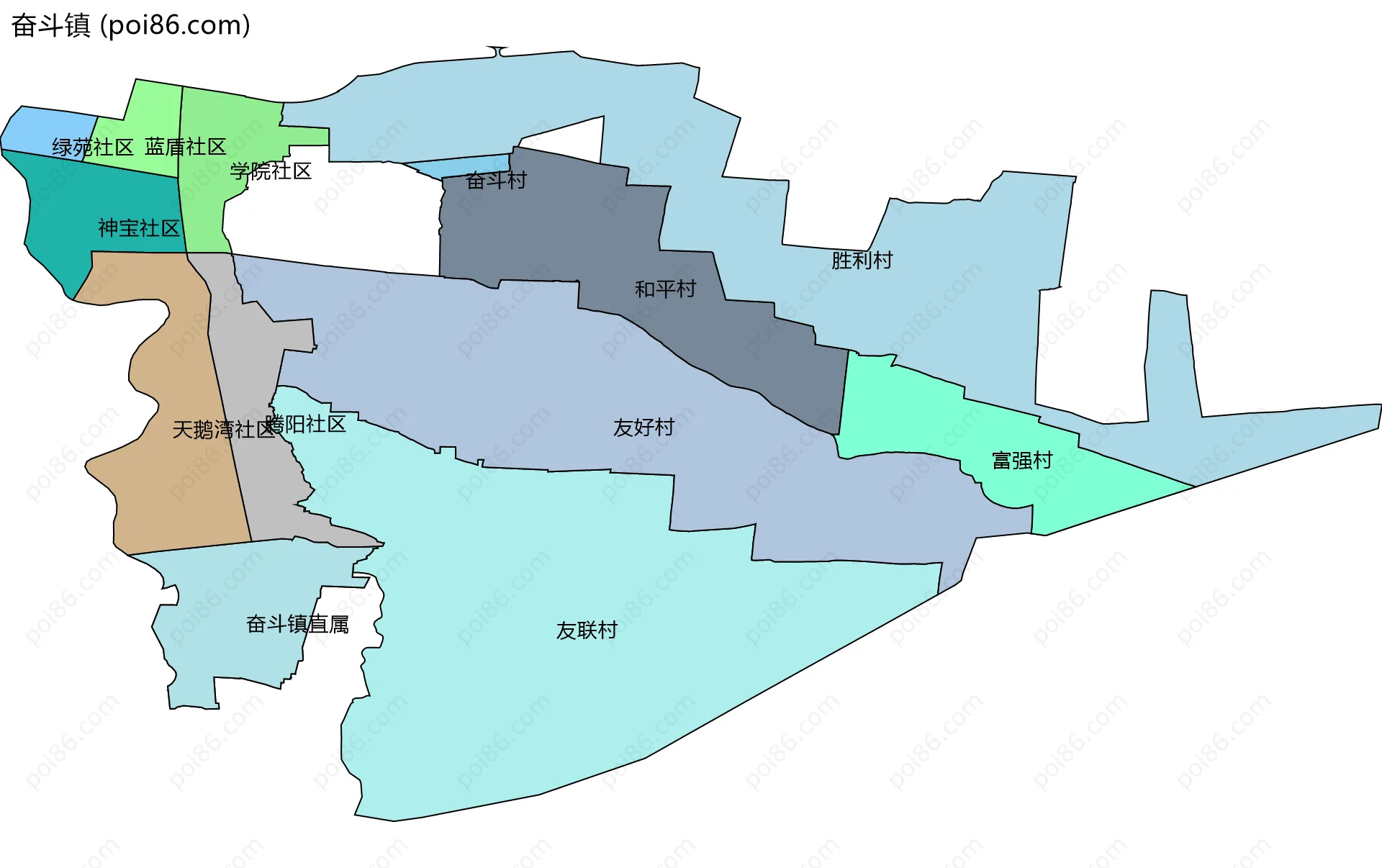 奋斗镇边界地图(五级行政区划)