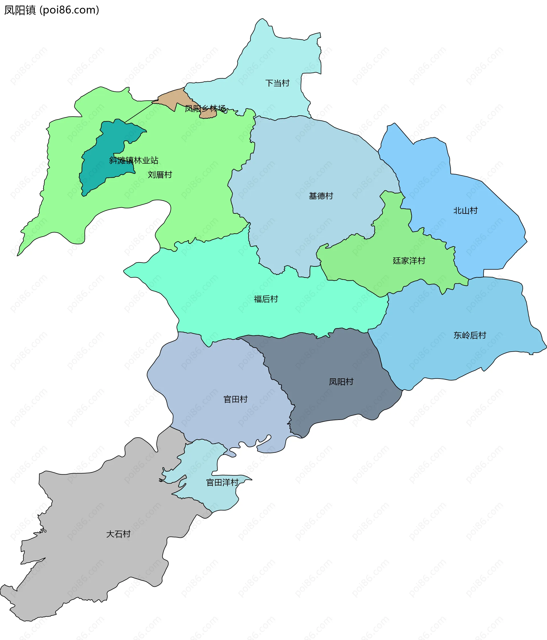 凤阳镇边界地图(五级行政区划)