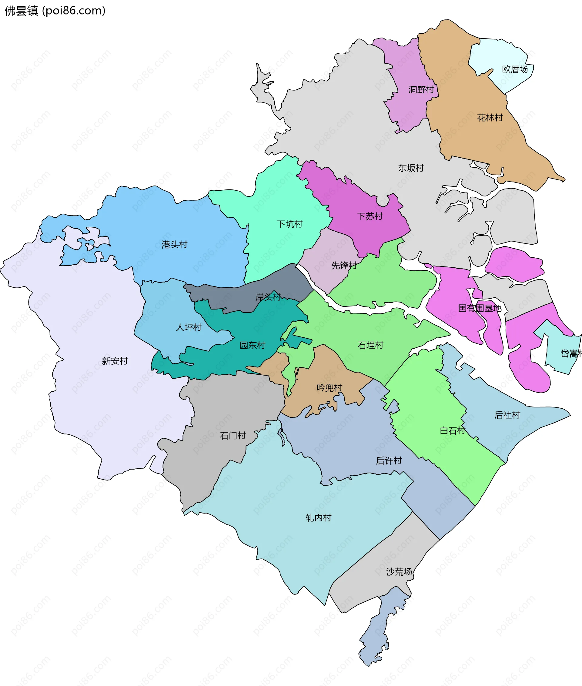 佛昙镇边界地图(五级行政区划)