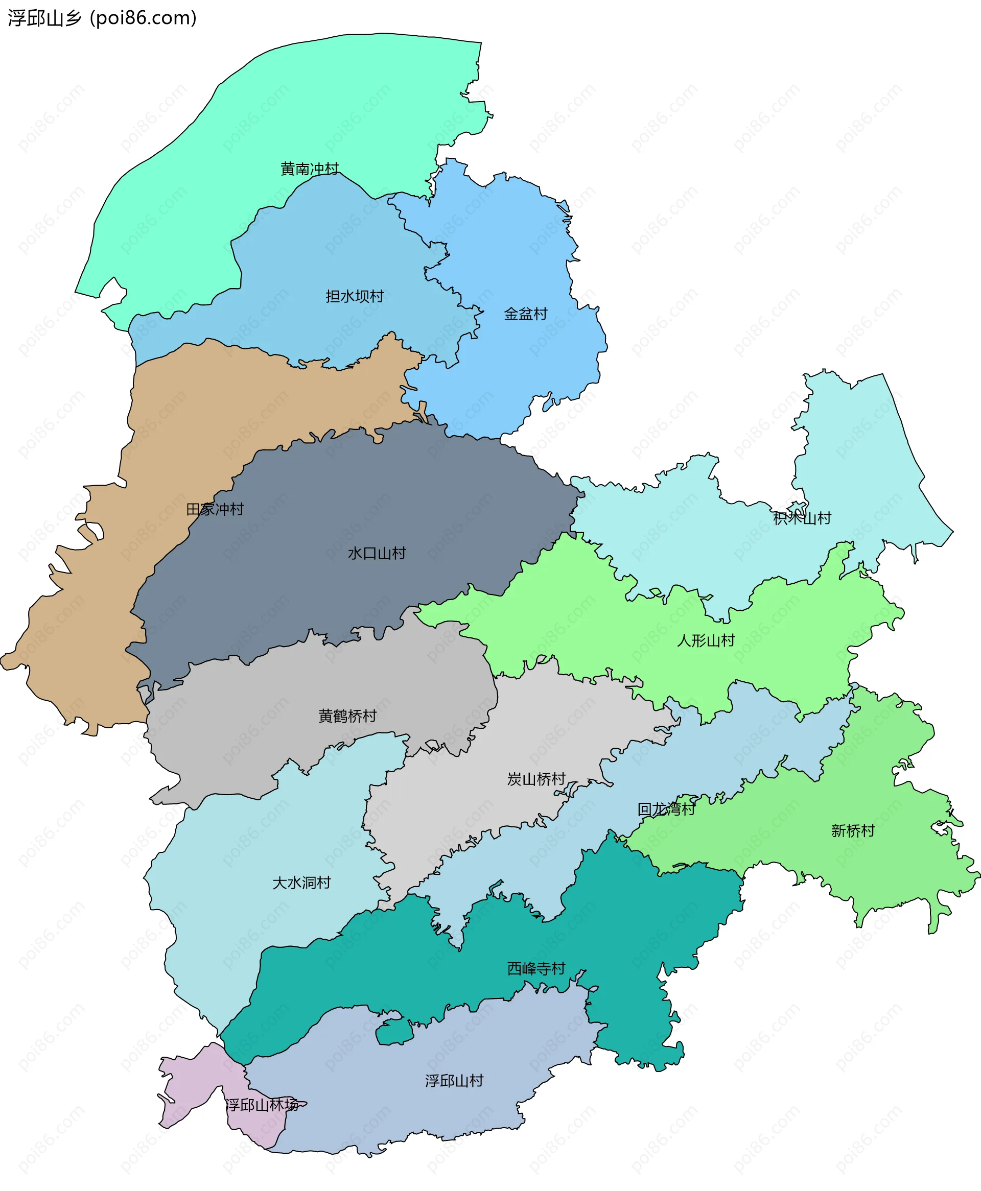 浮邱山乡边界地图(五级行政区划)