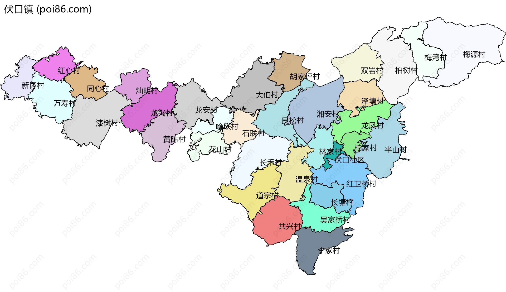 伏口镇边界地图(五级行政区划)