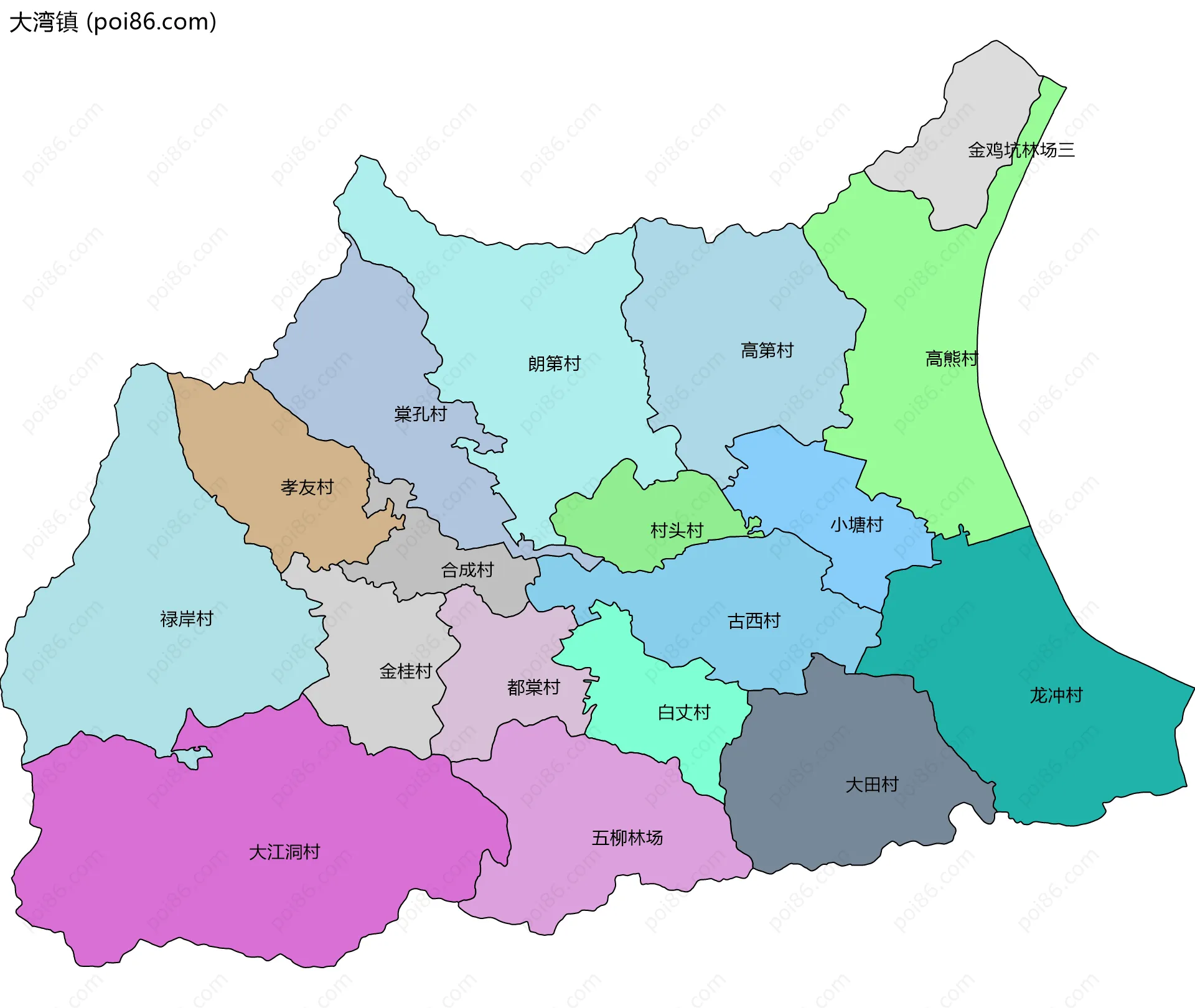 大湾镇边界地图(五级行政区划)