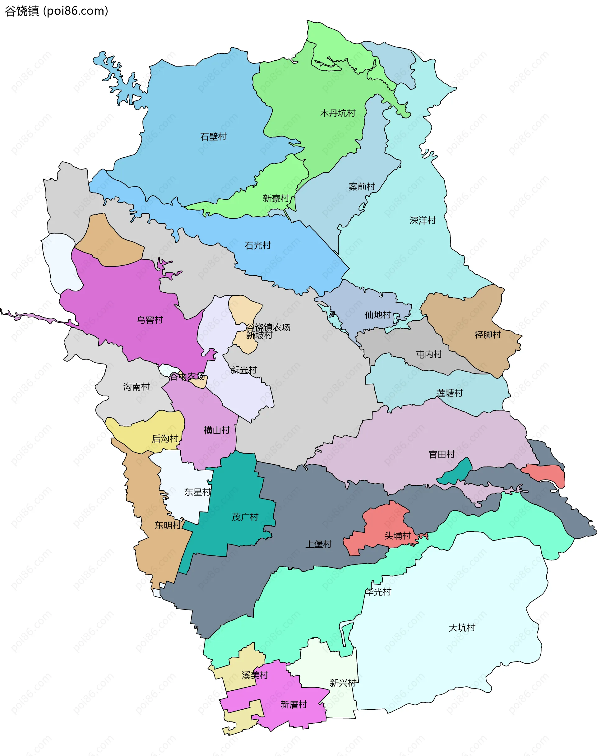 谷饶镇边界地图(五级行政区划)