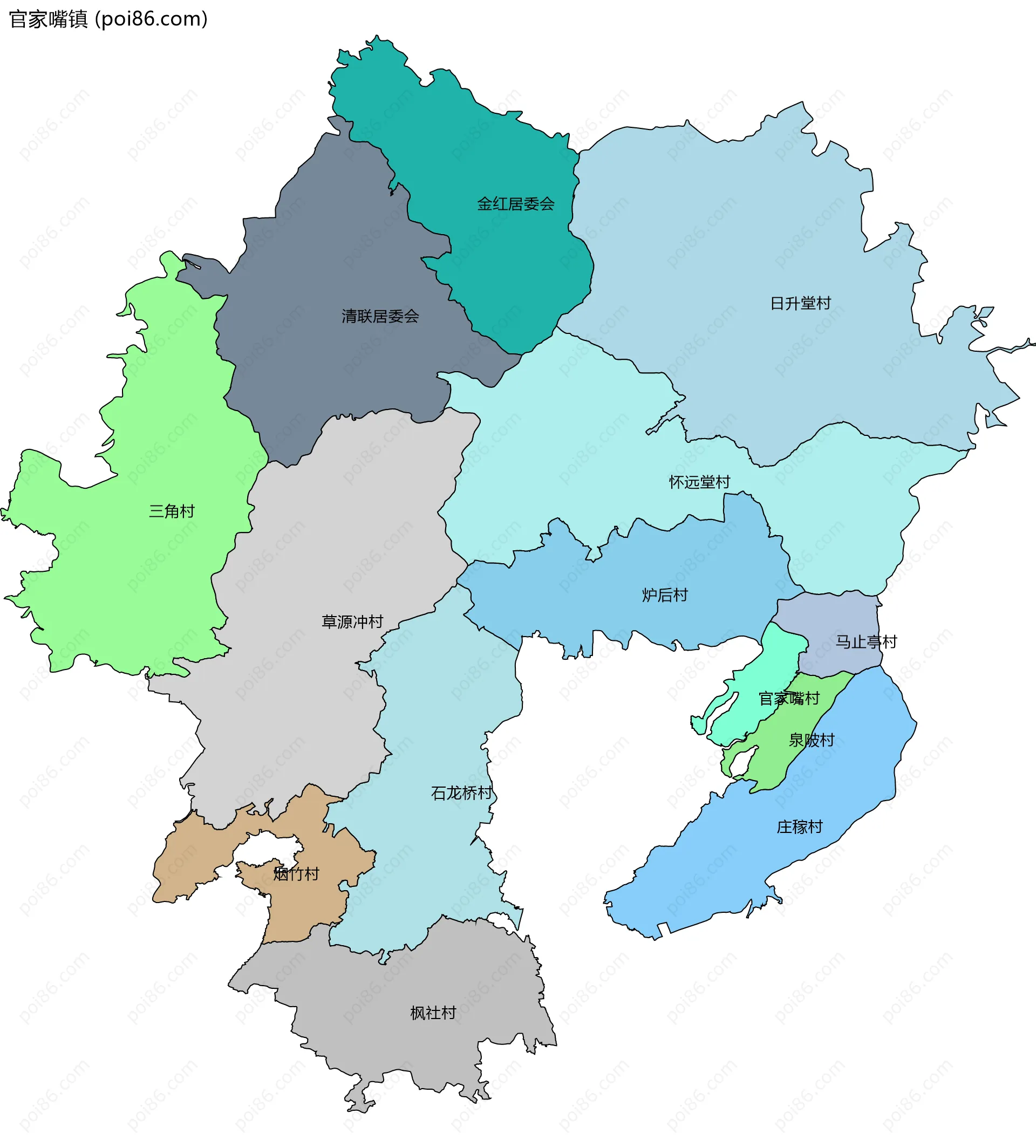 官家嘴镇边界地图(五级行政区划)