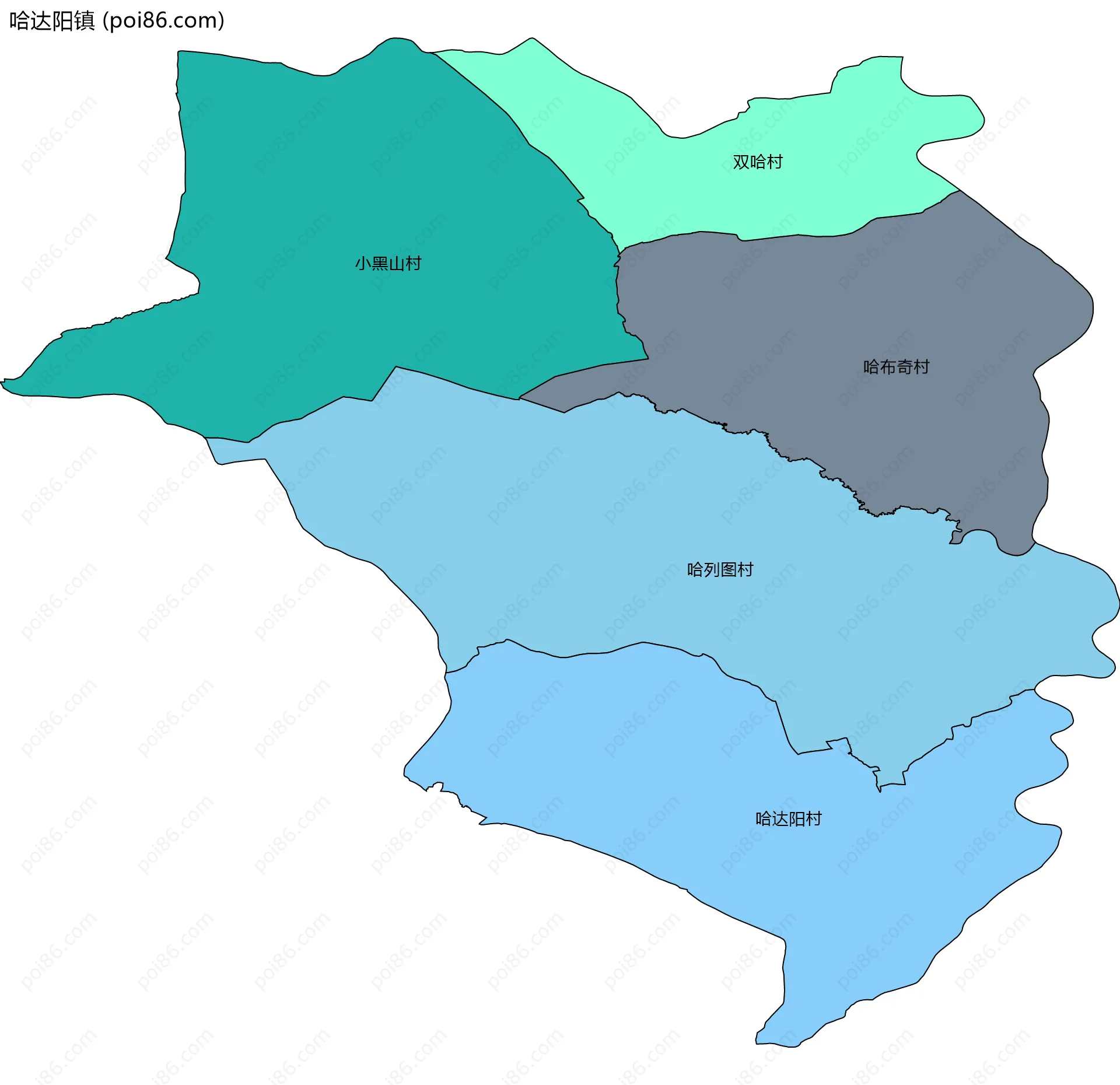 哈达阳镇边界地图(五级行政区划)