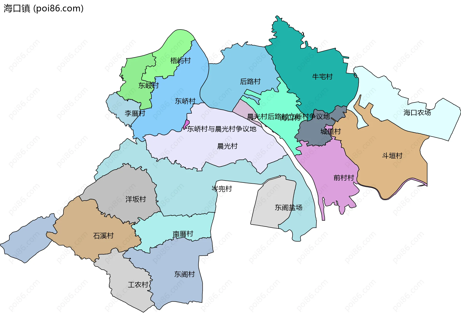 海口镇边界地图(五级行政区划)