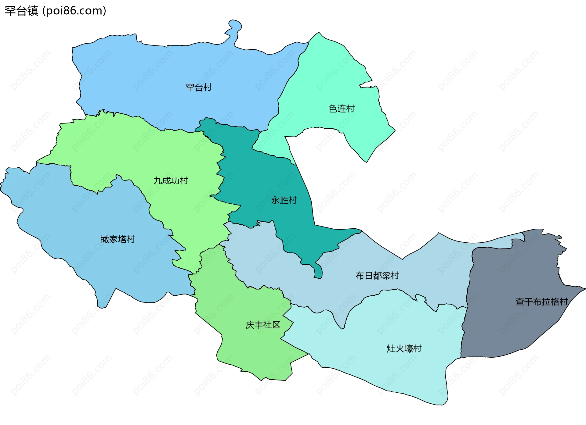 罕台镇边界地图(五级行政区划)