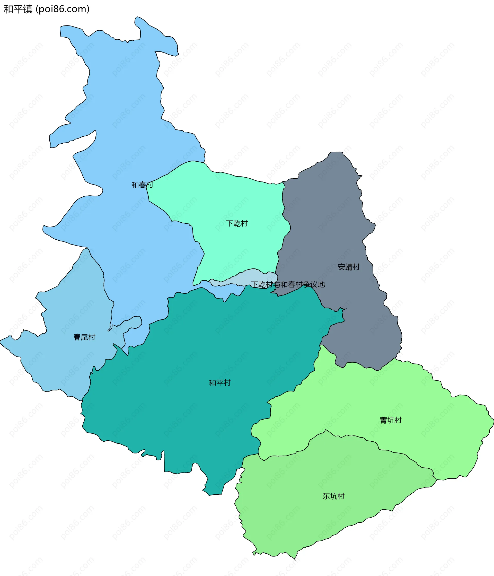 和平镇边界地图(五级行政区划)