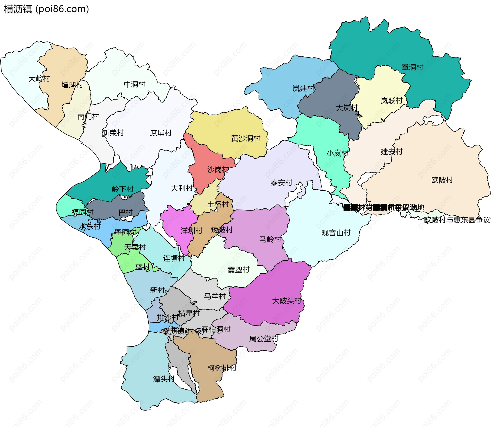 横沥镇边界地图(五级行政区划)