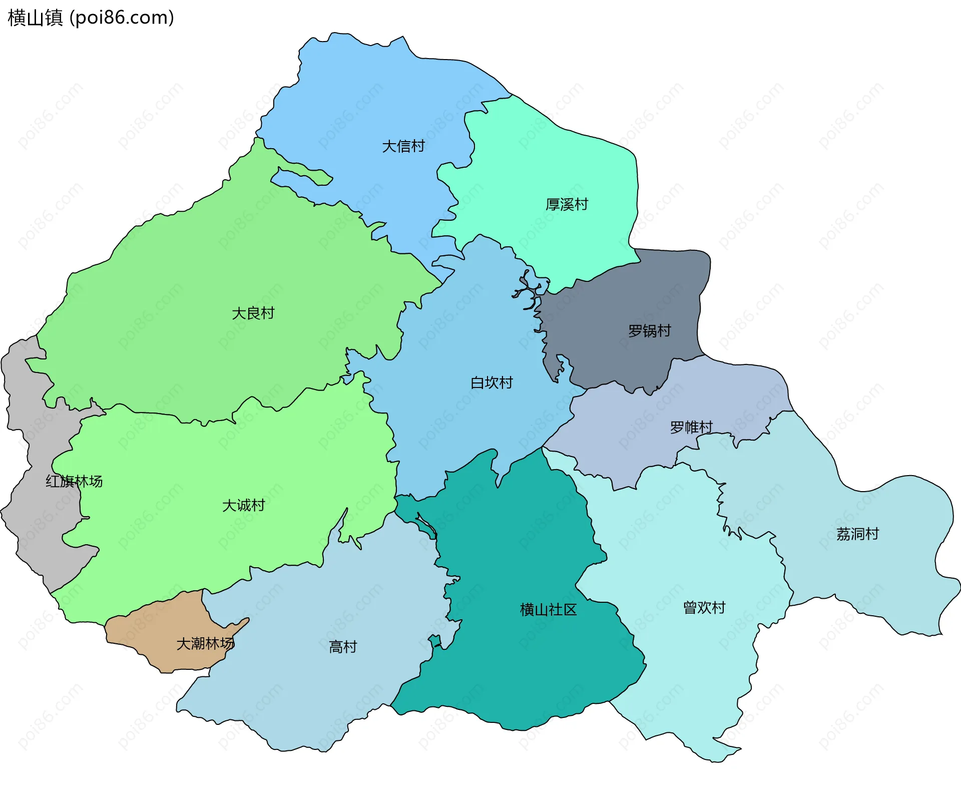 横山镇边界地图(五级行政区划)