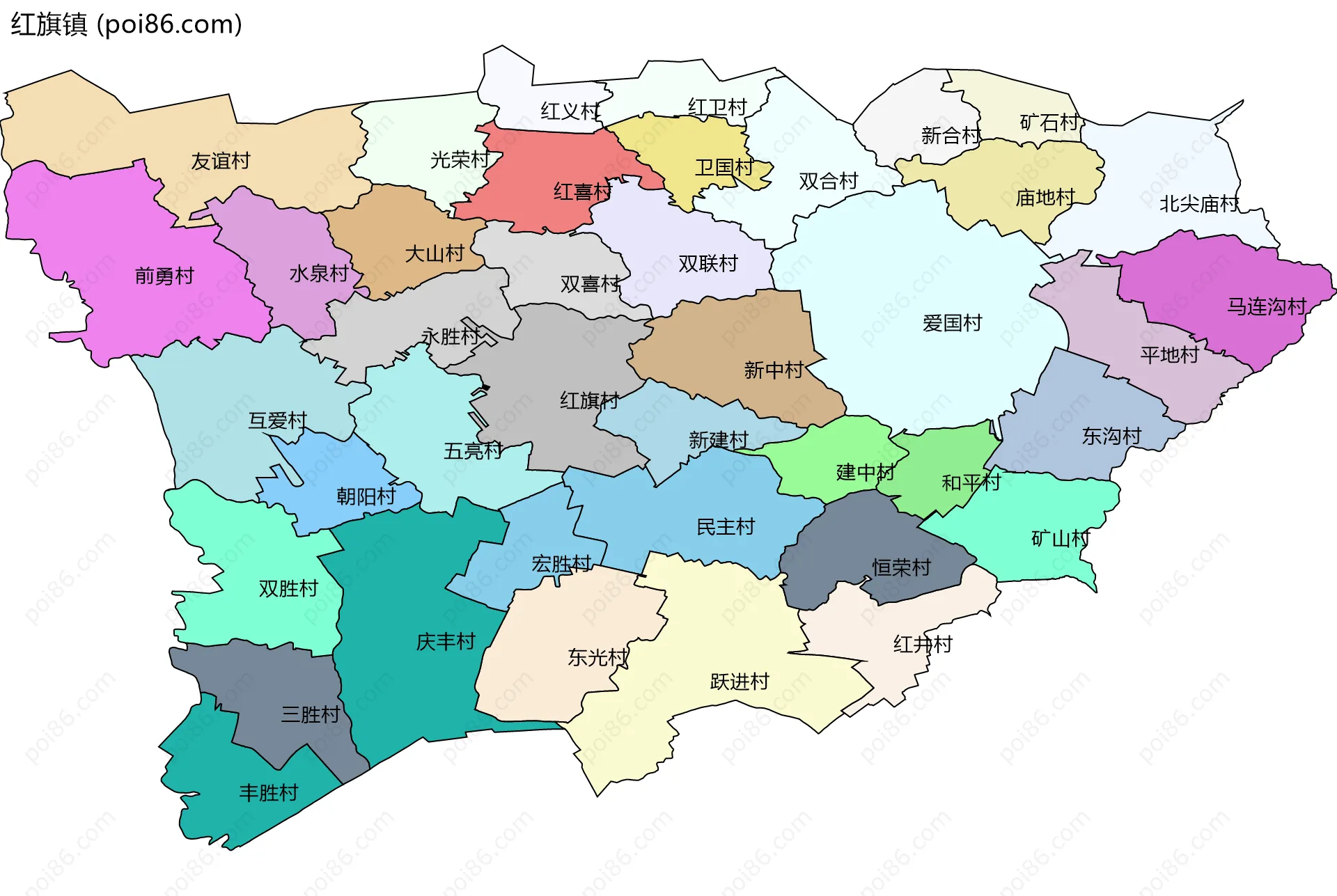 红旗镇边界地图(五级行政区划)