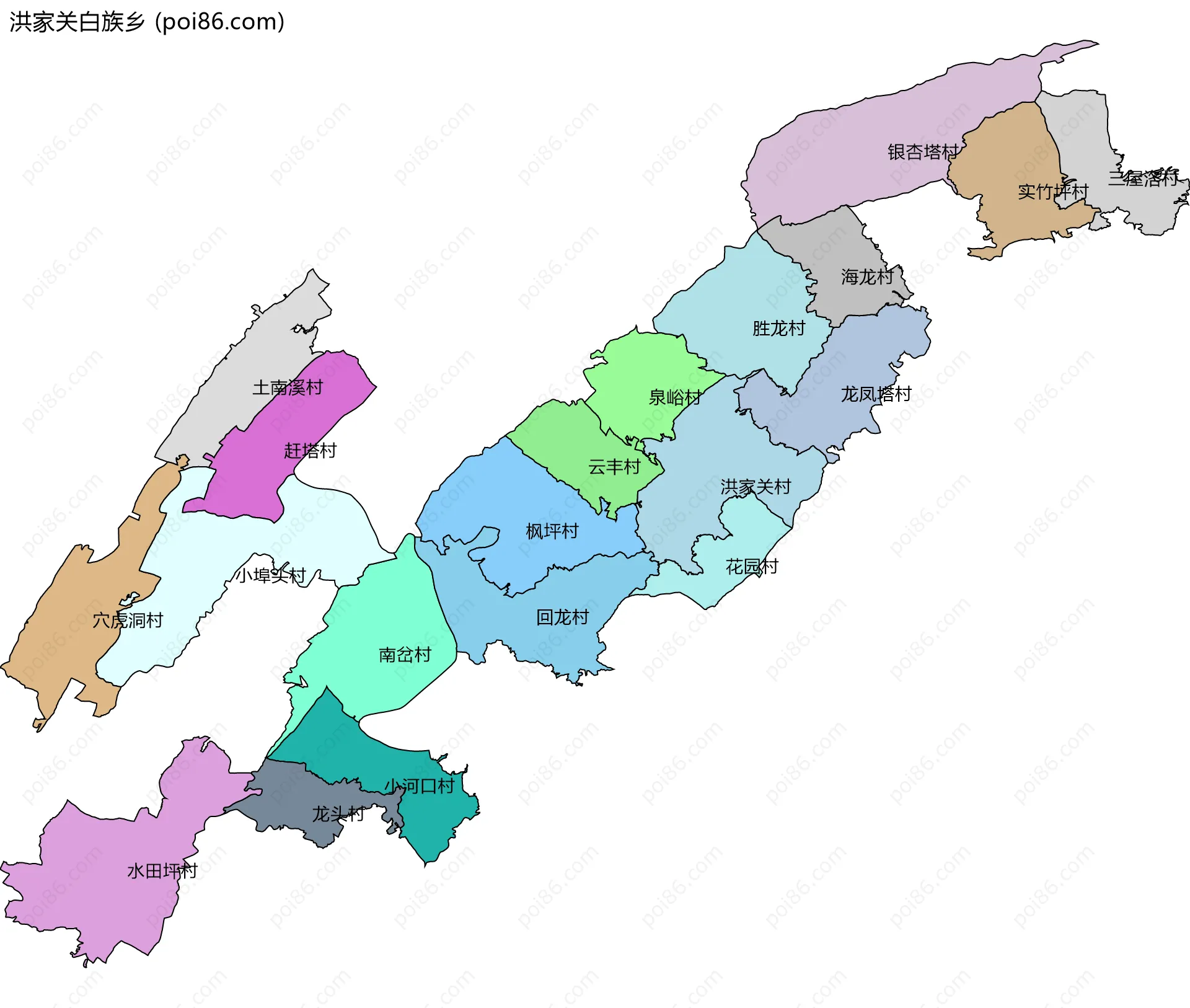 洪家关白族乡边界地图(五级行政区划)