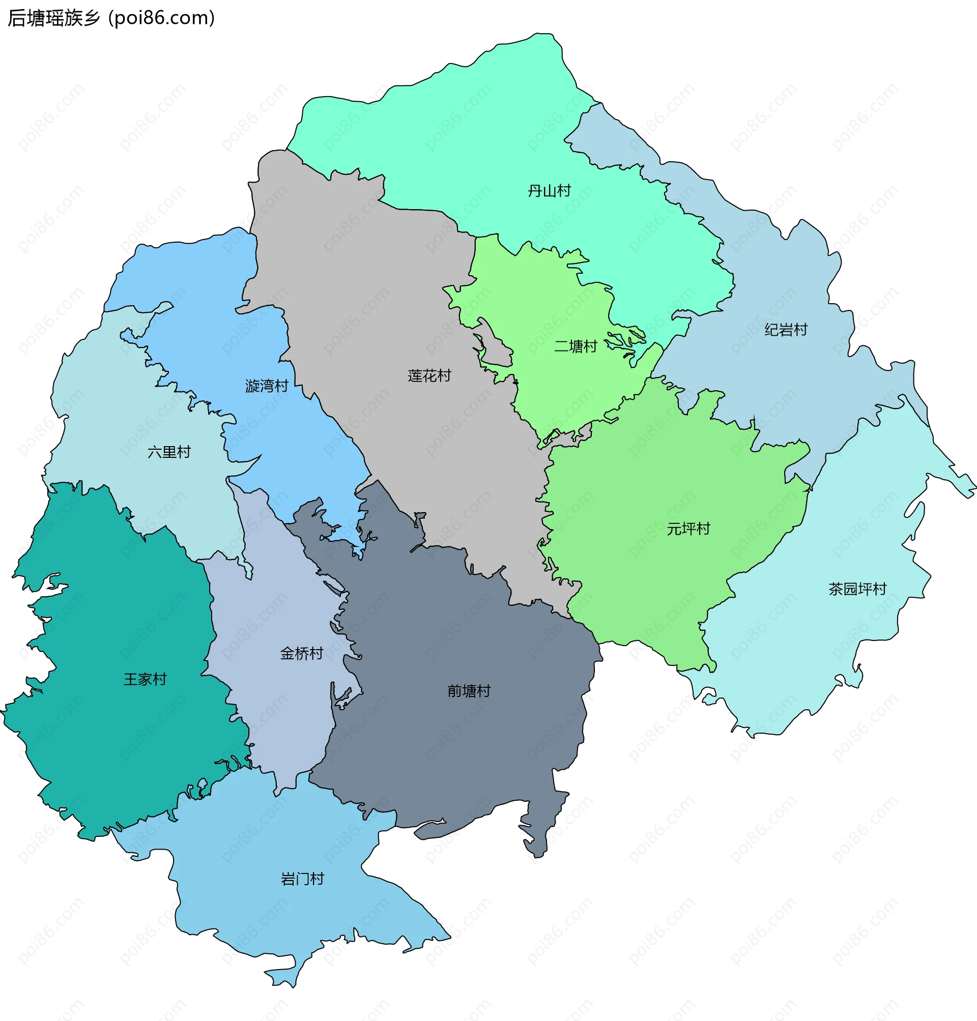 后塘瑶族乡边界地图(五级行政区划)