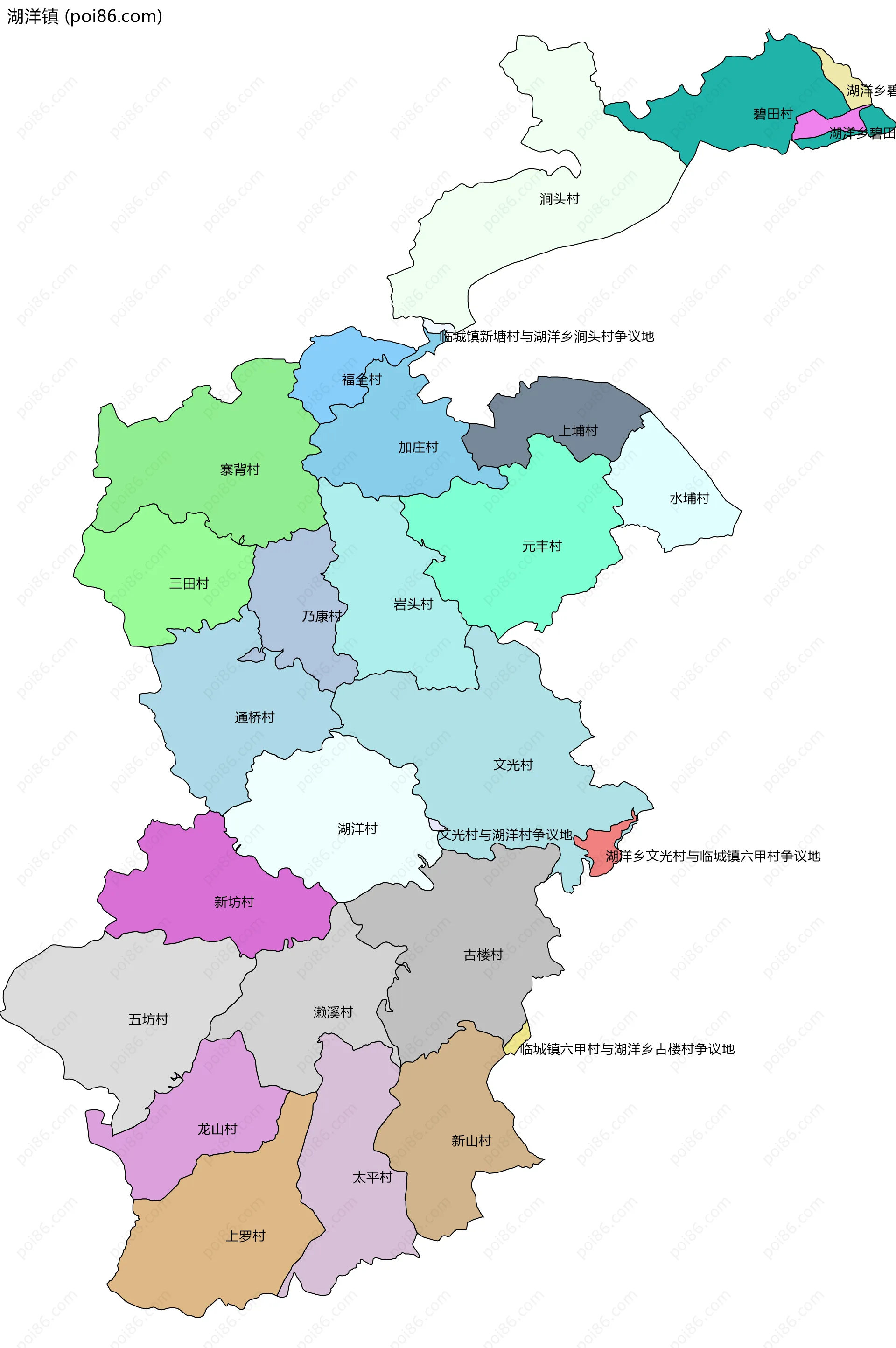 湖洋镇边界地图(五级行政区划)