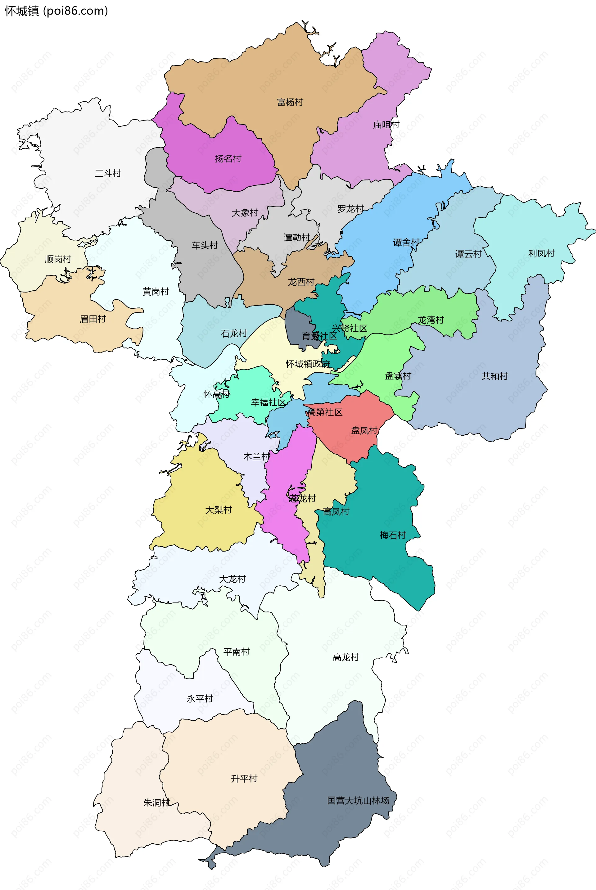 怀城镇边界地图(五级行政区划)