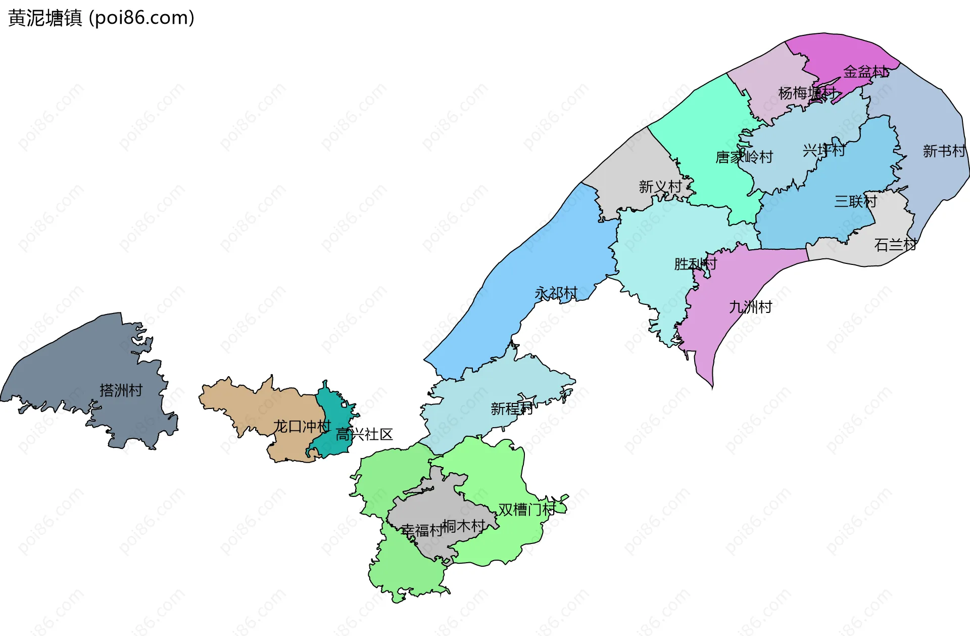 黄泥塘镇边界地图(五级行政区划)
