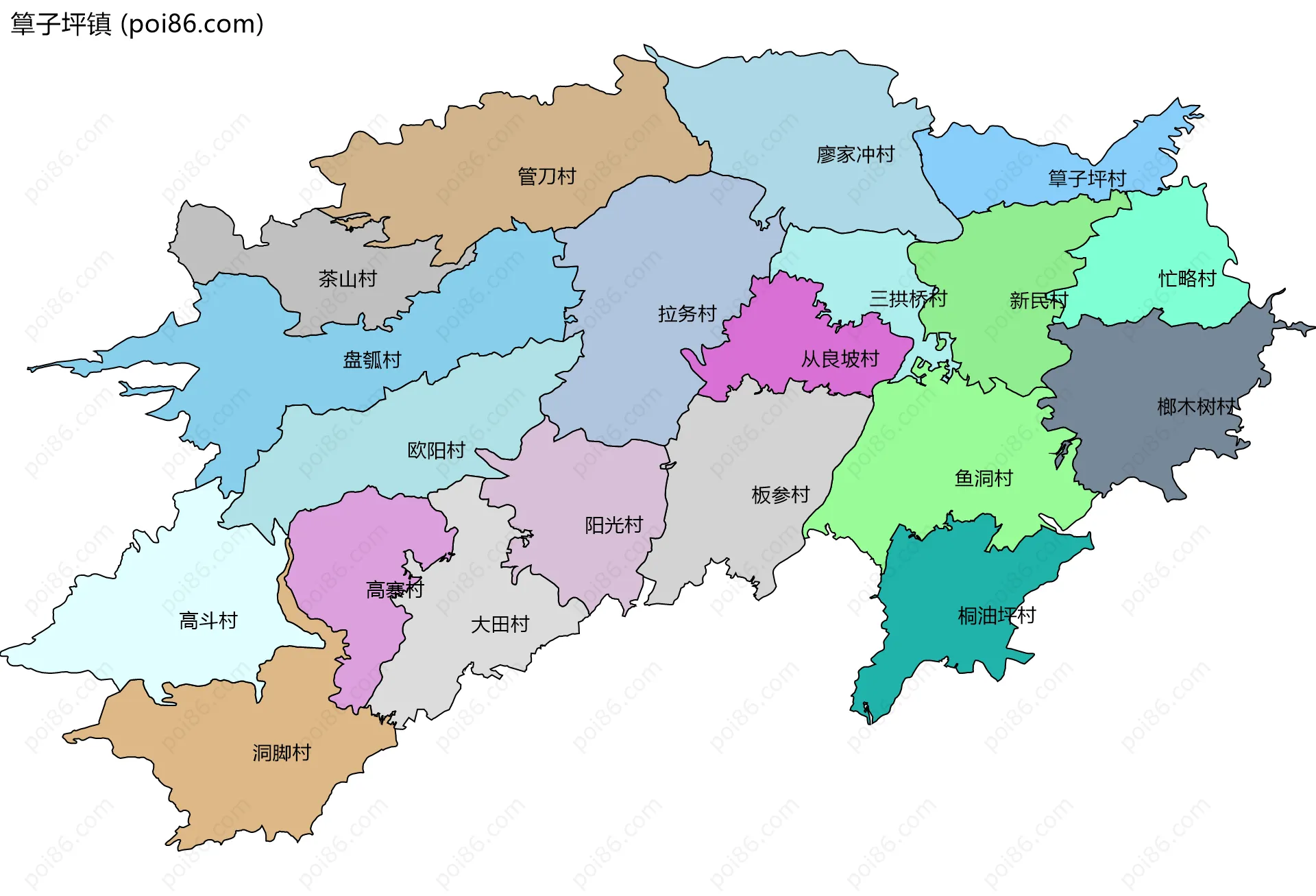 筸子坪镇边界地图(五级行政区划)