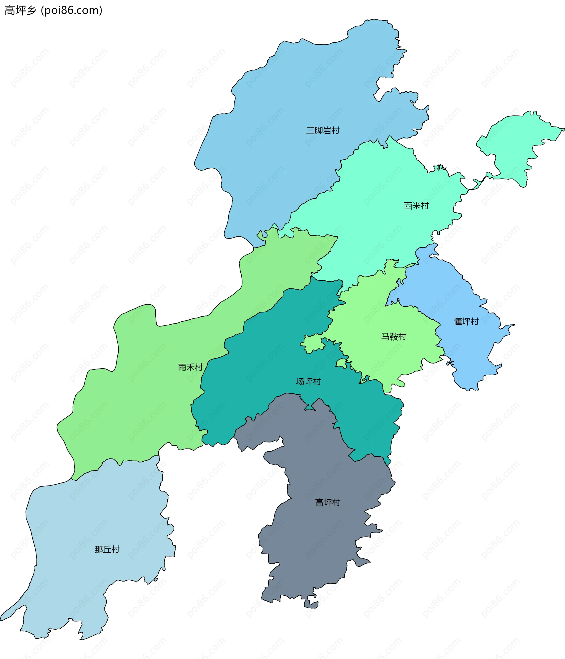 高坪乡边界地图(五级行政区划)