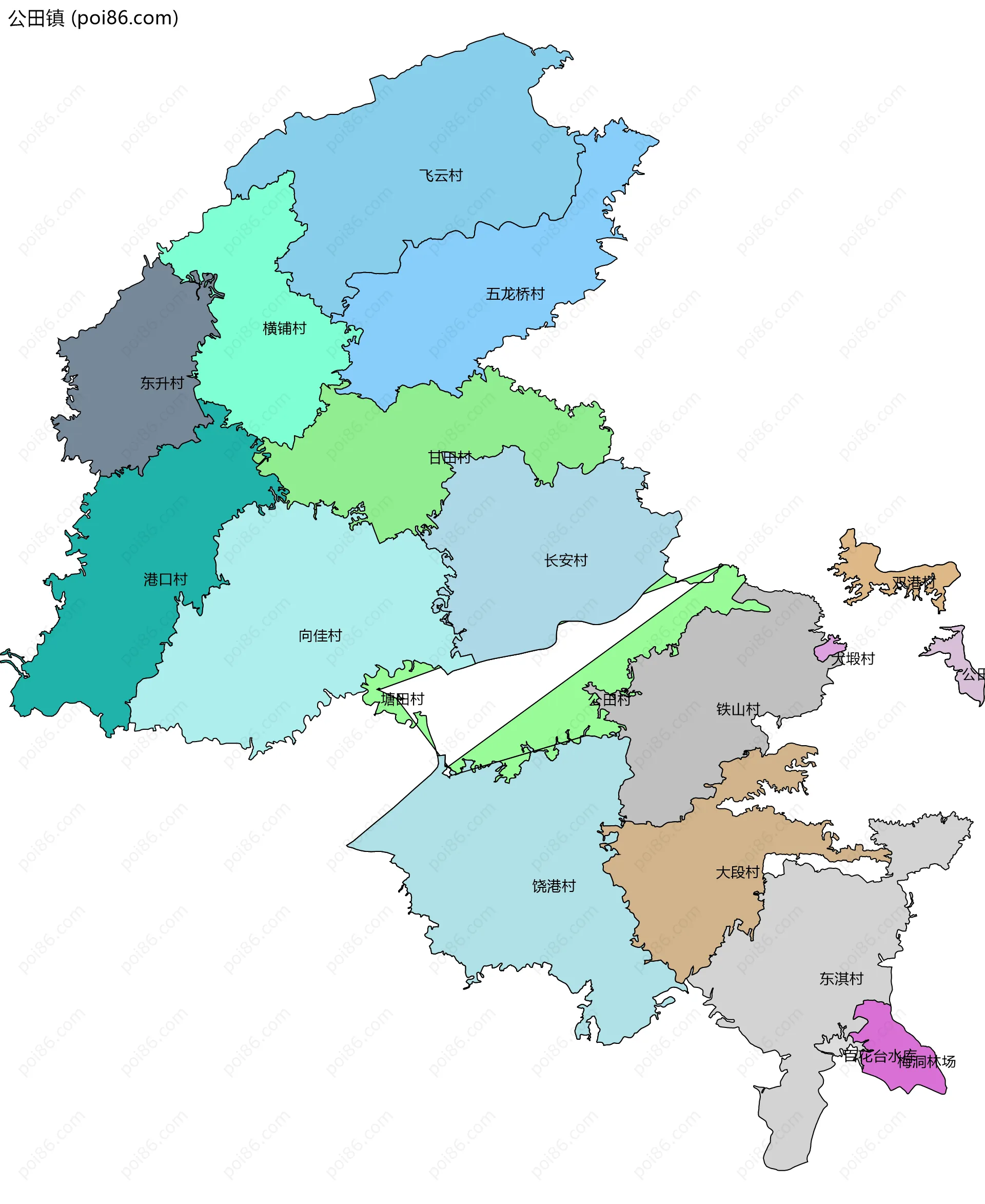 公田镇边界地图(五级行政区划)