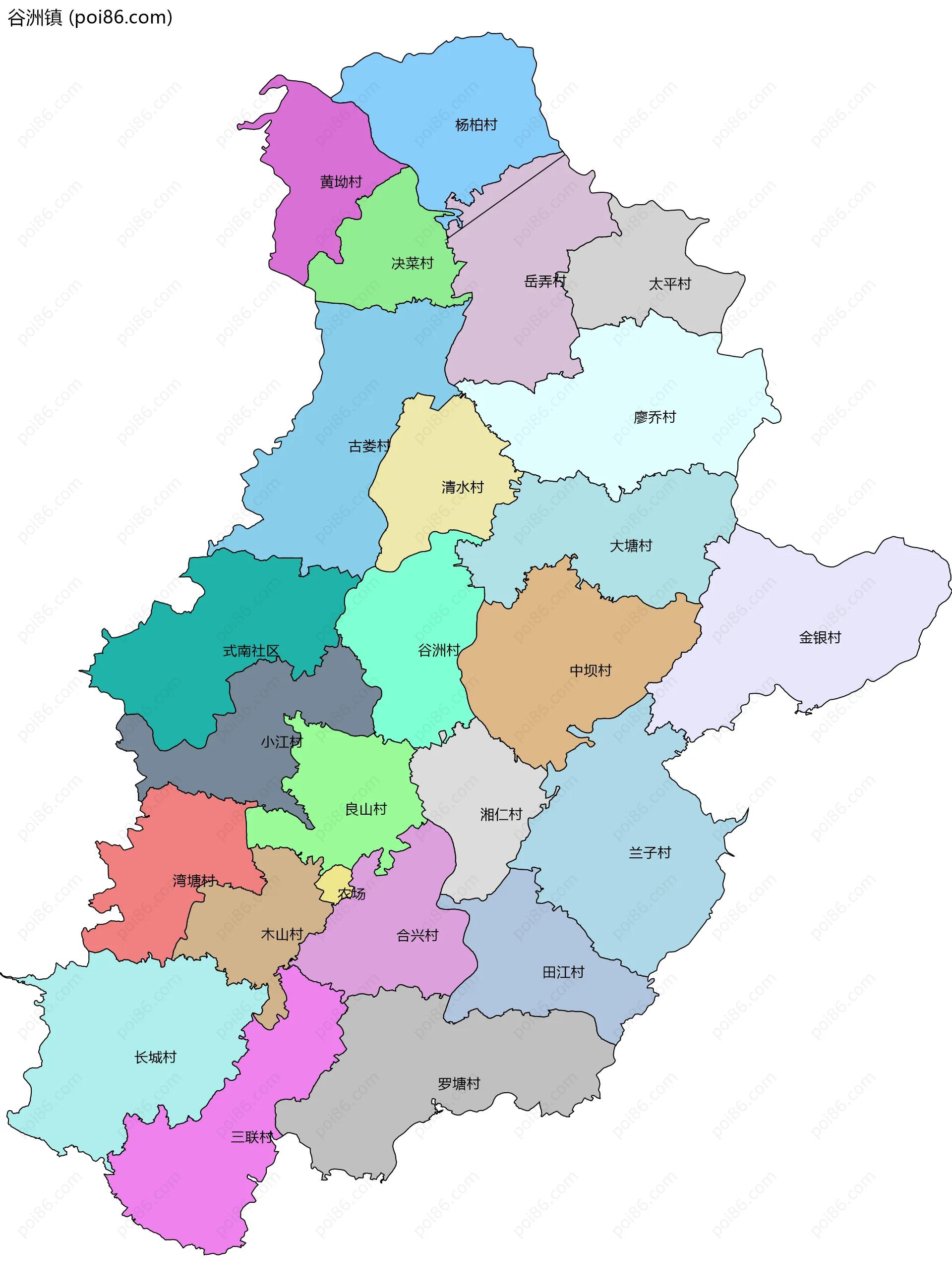 谷洲镇边界地图(五级行政区划)