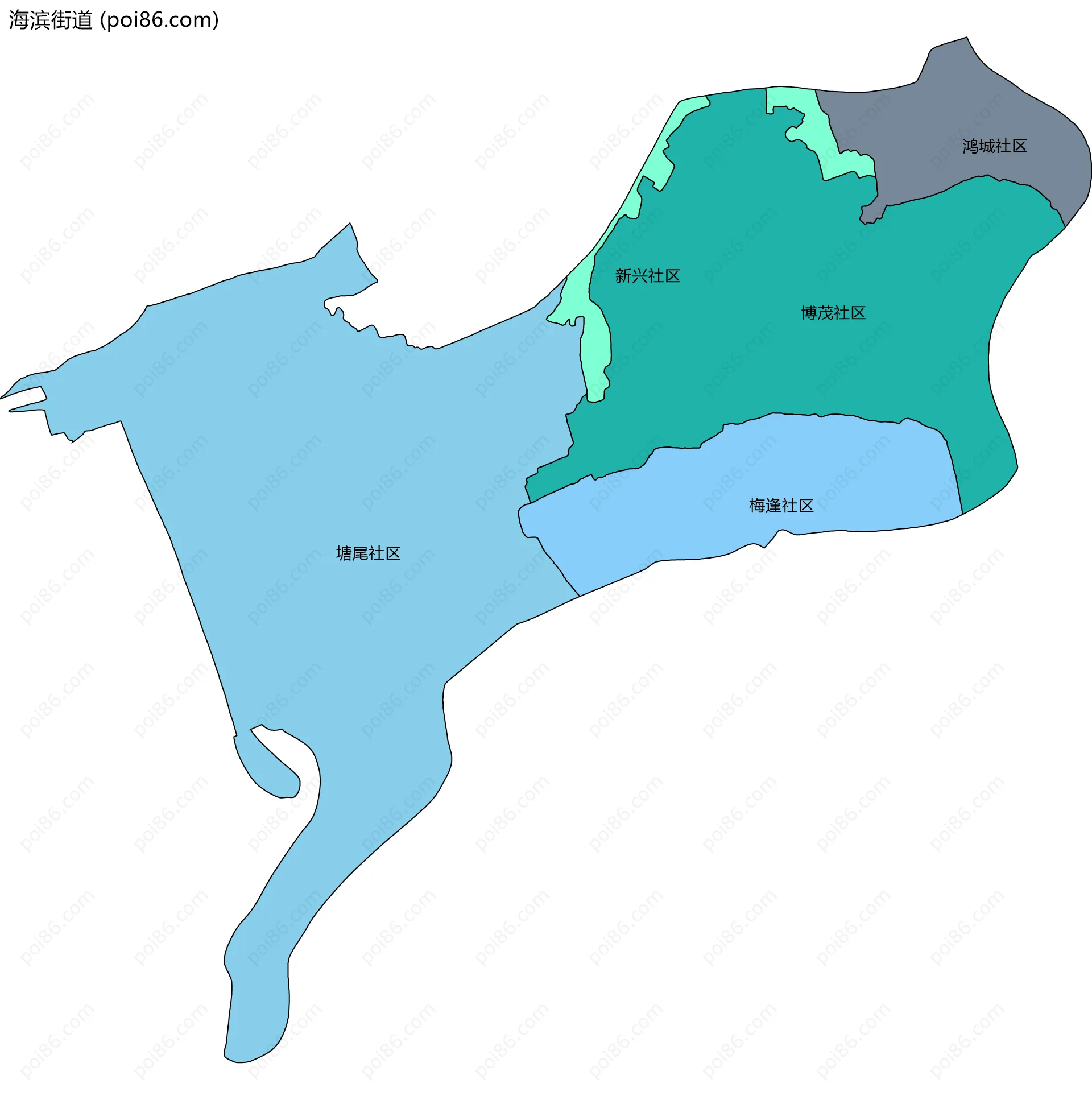 海滨街道边界地图(五级行政区划)