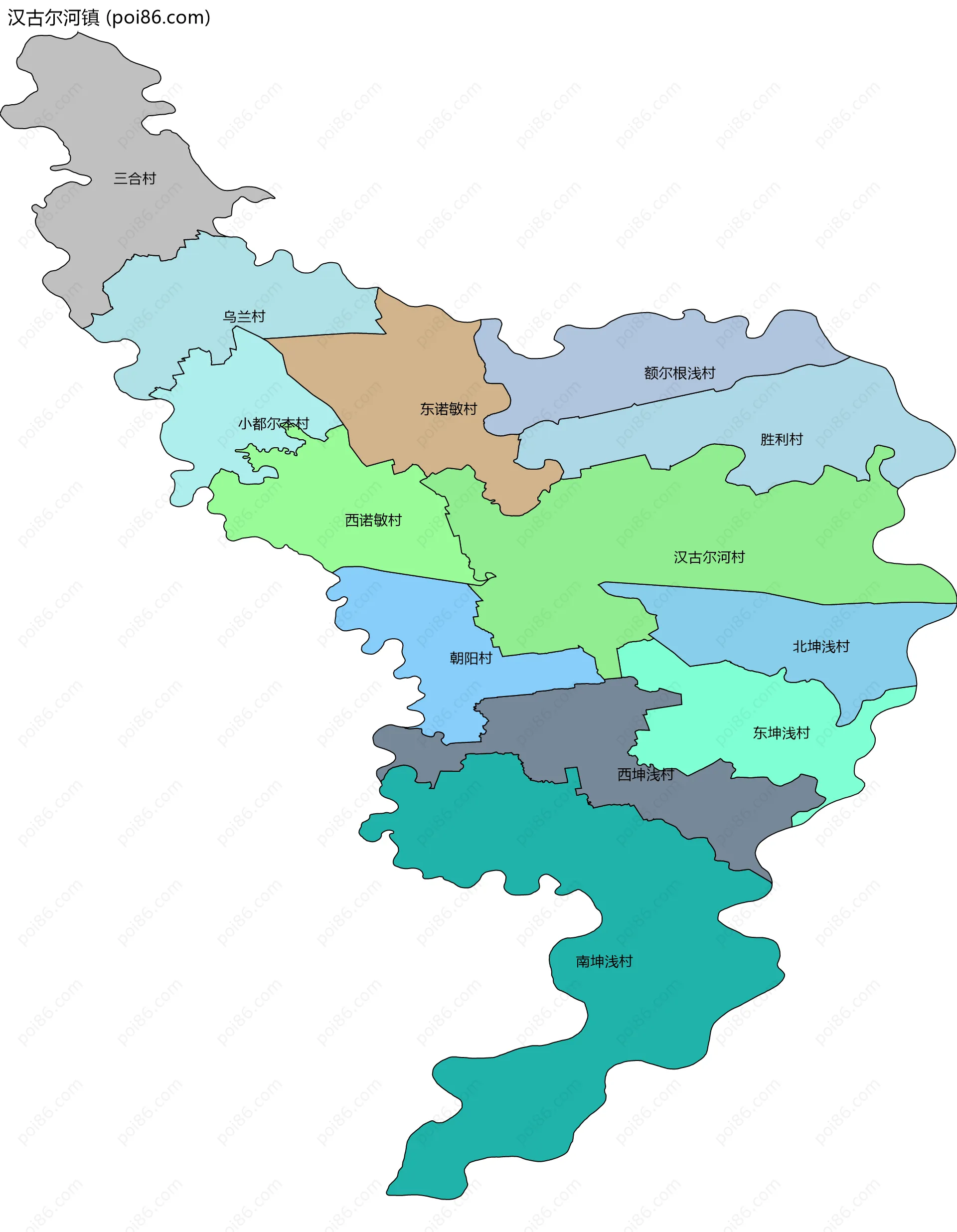 汉古尔河镇边界地图(五级行政区划)