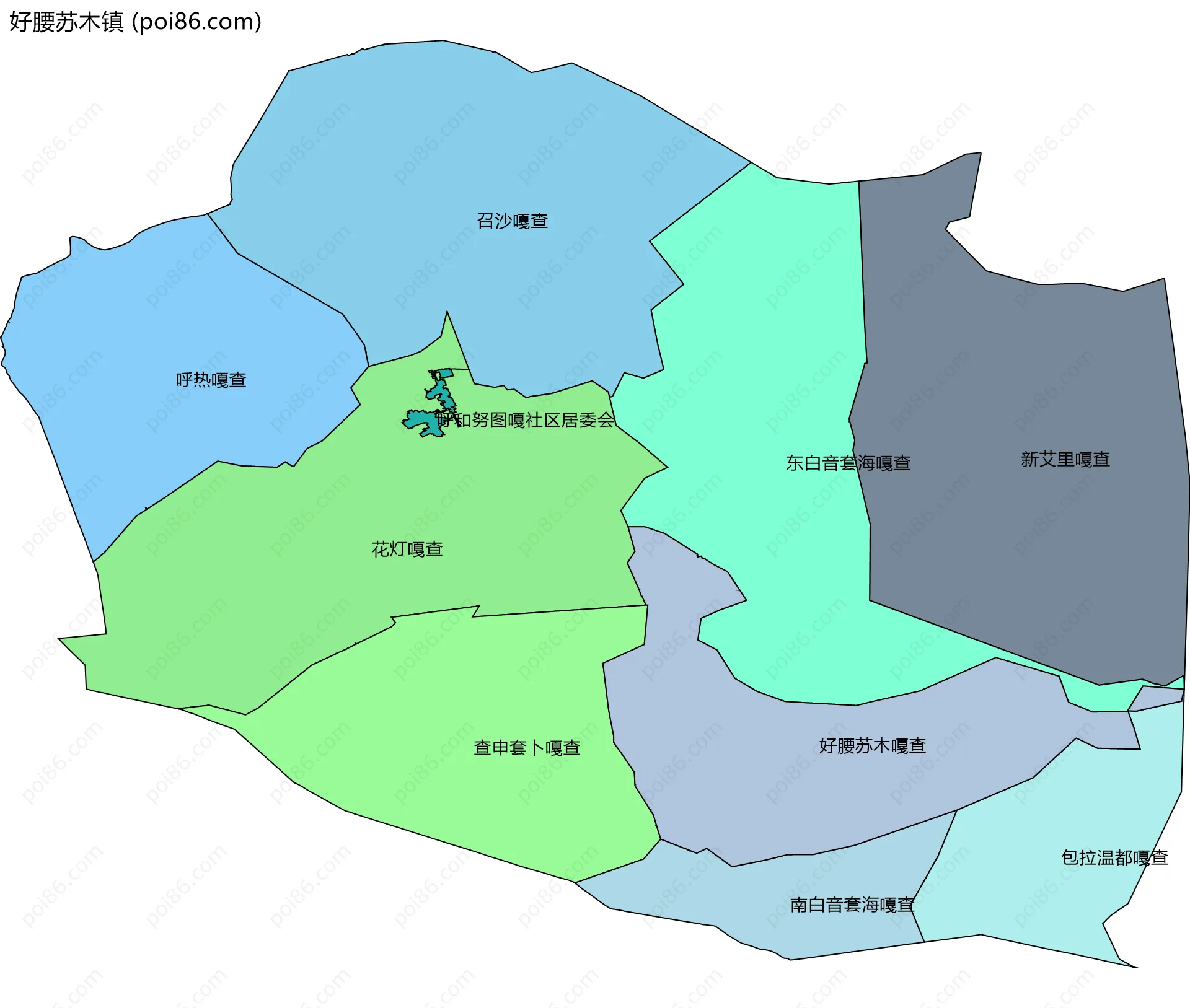 好腰苏木镇边界地图(五级行政区划)