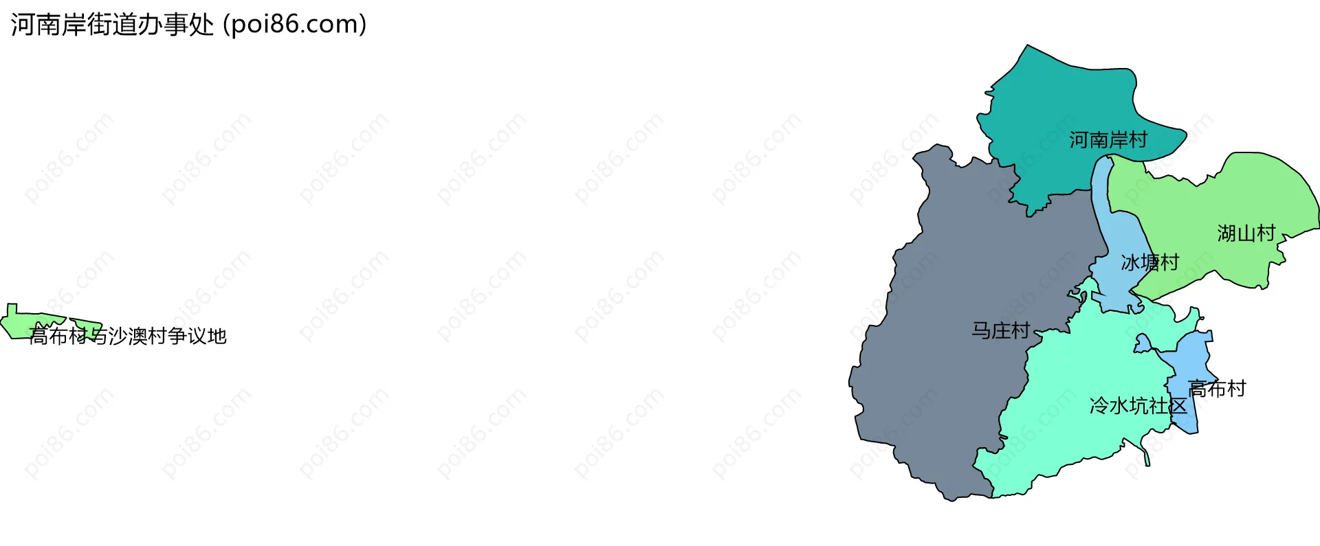 河南岸街道办事处边界地图(五级行政区划)