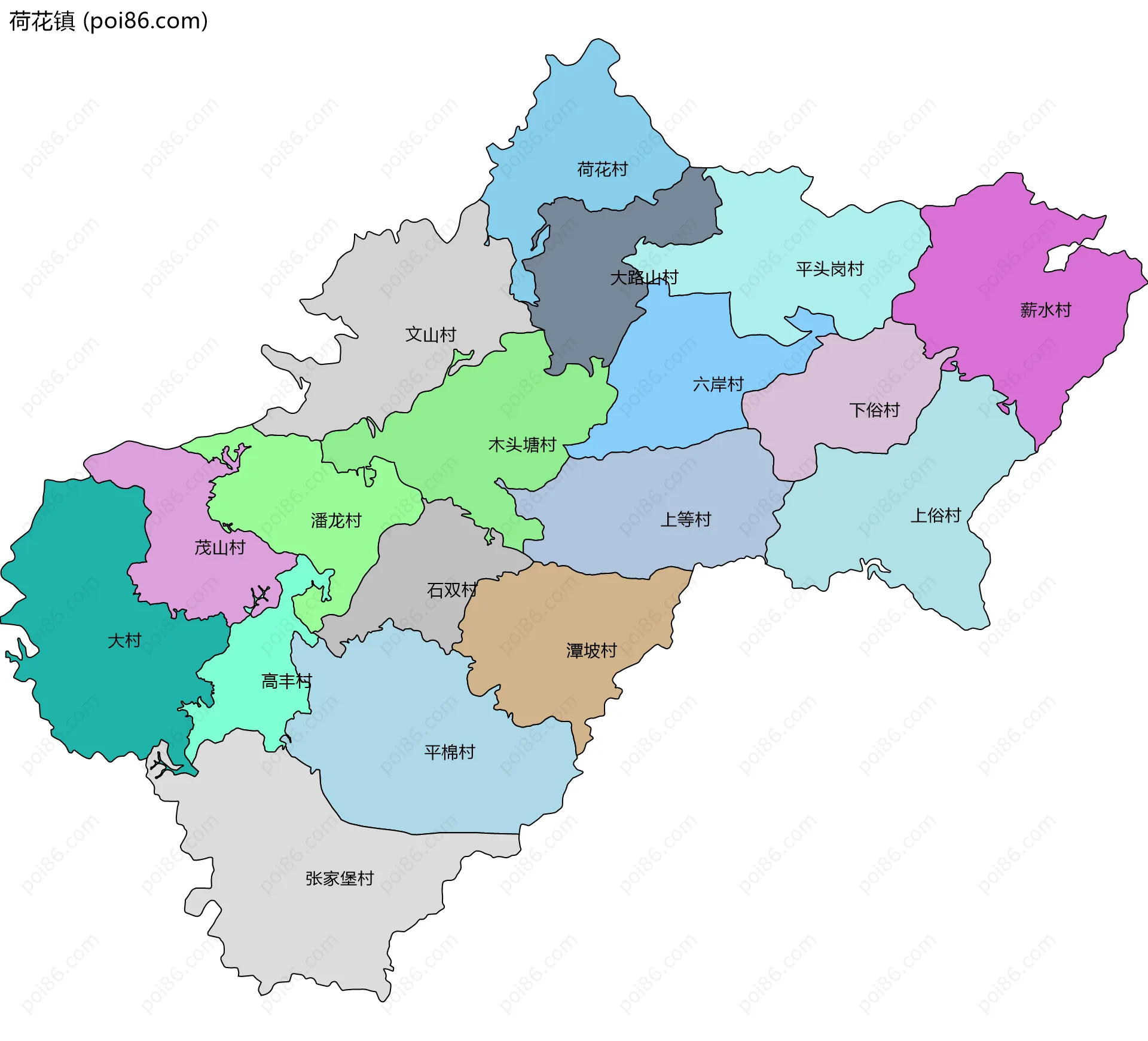 荷花镇边界地图(五级行政区划)