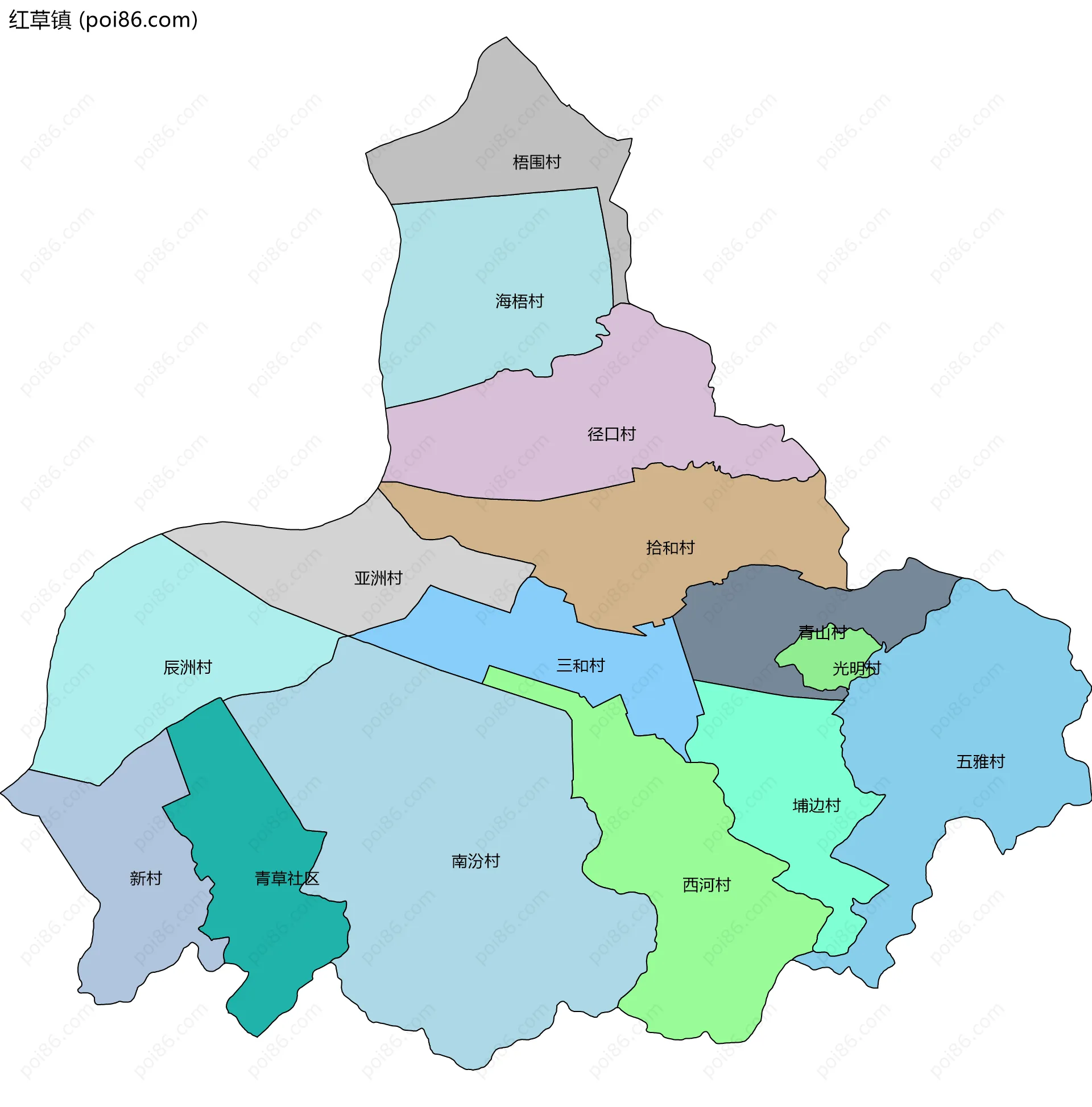 红草镇边界地图(五级行政区划)