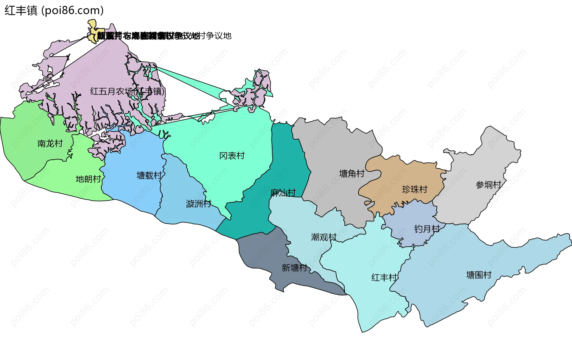 红丰镇边界地图(五级行政区划)