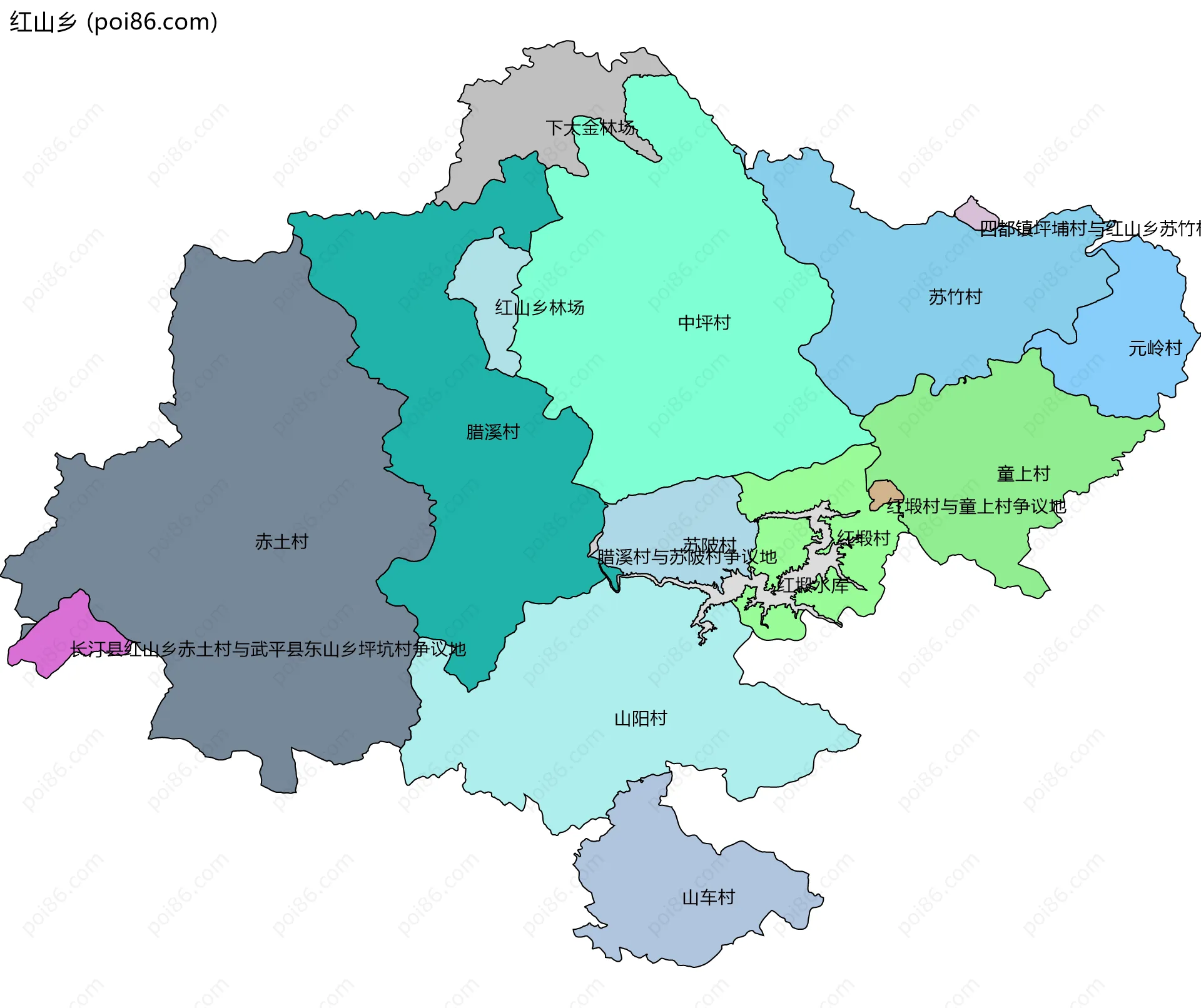 红山乡边界地图(五级行政区划)