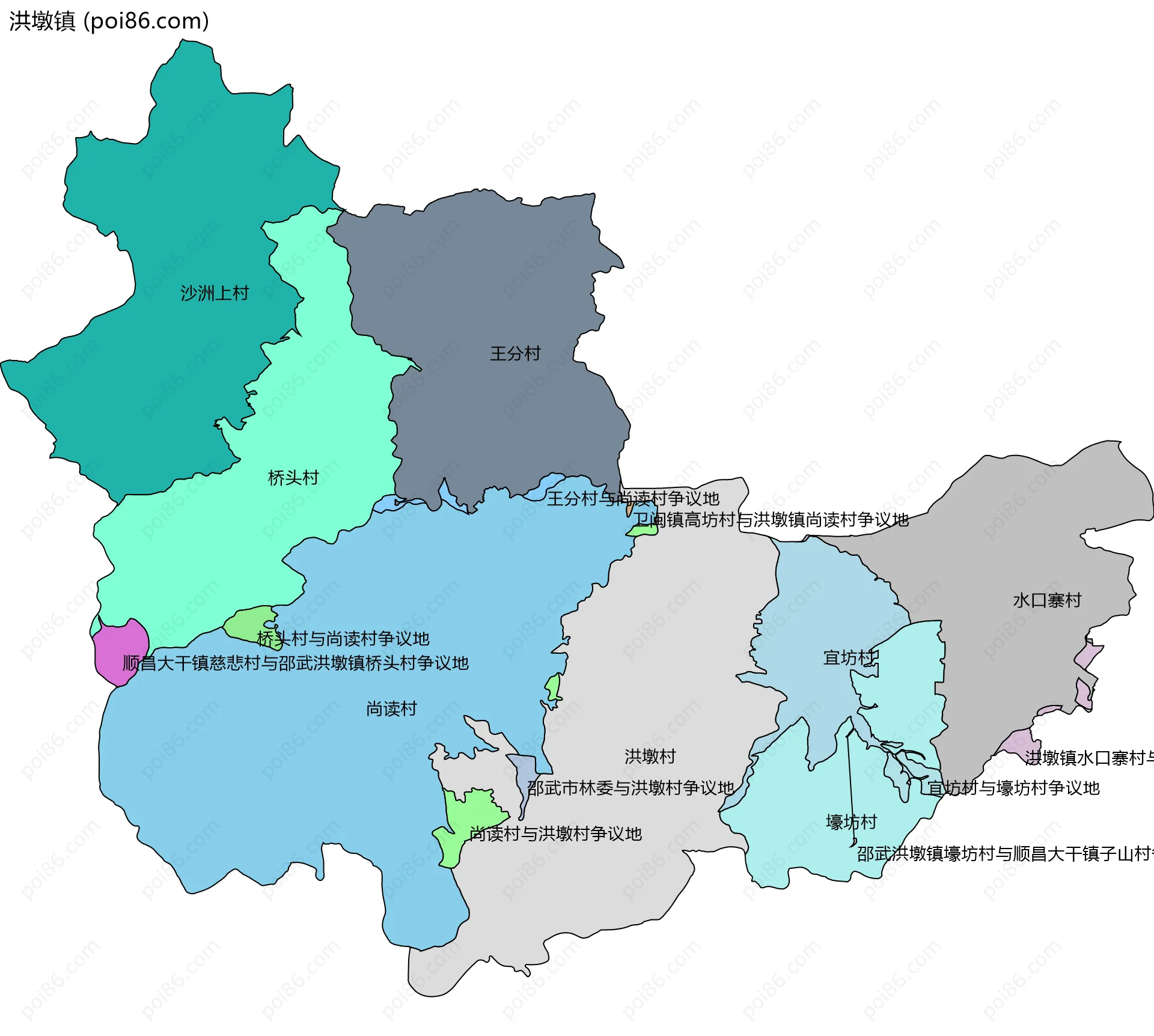 洪墩镇边界地图(五级行政区划)