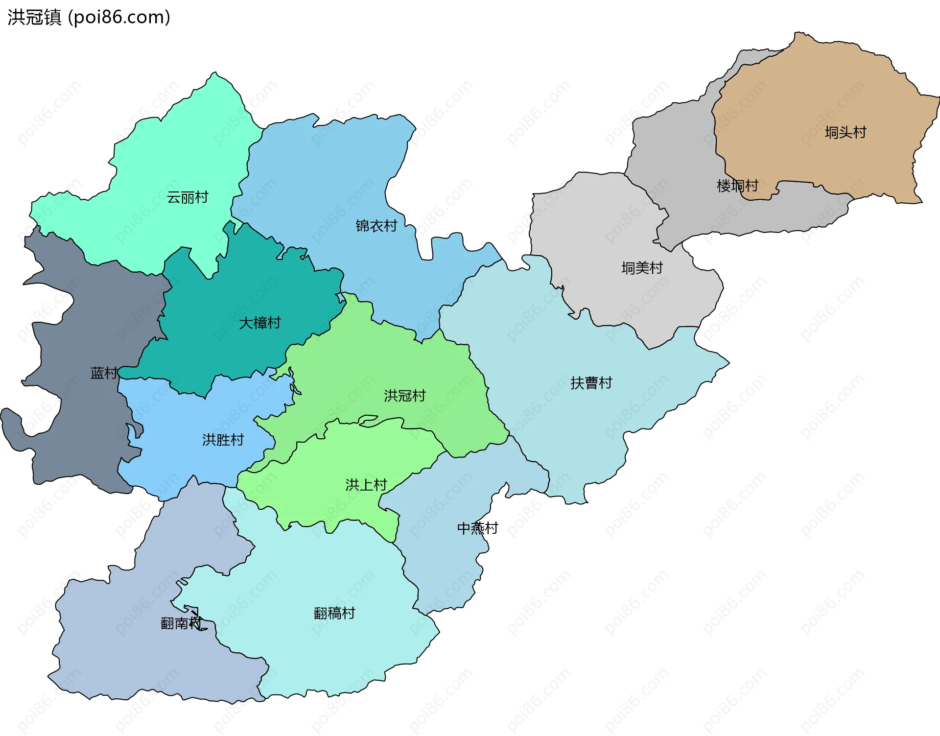 洪冠镇边界地图(五级行政区划)