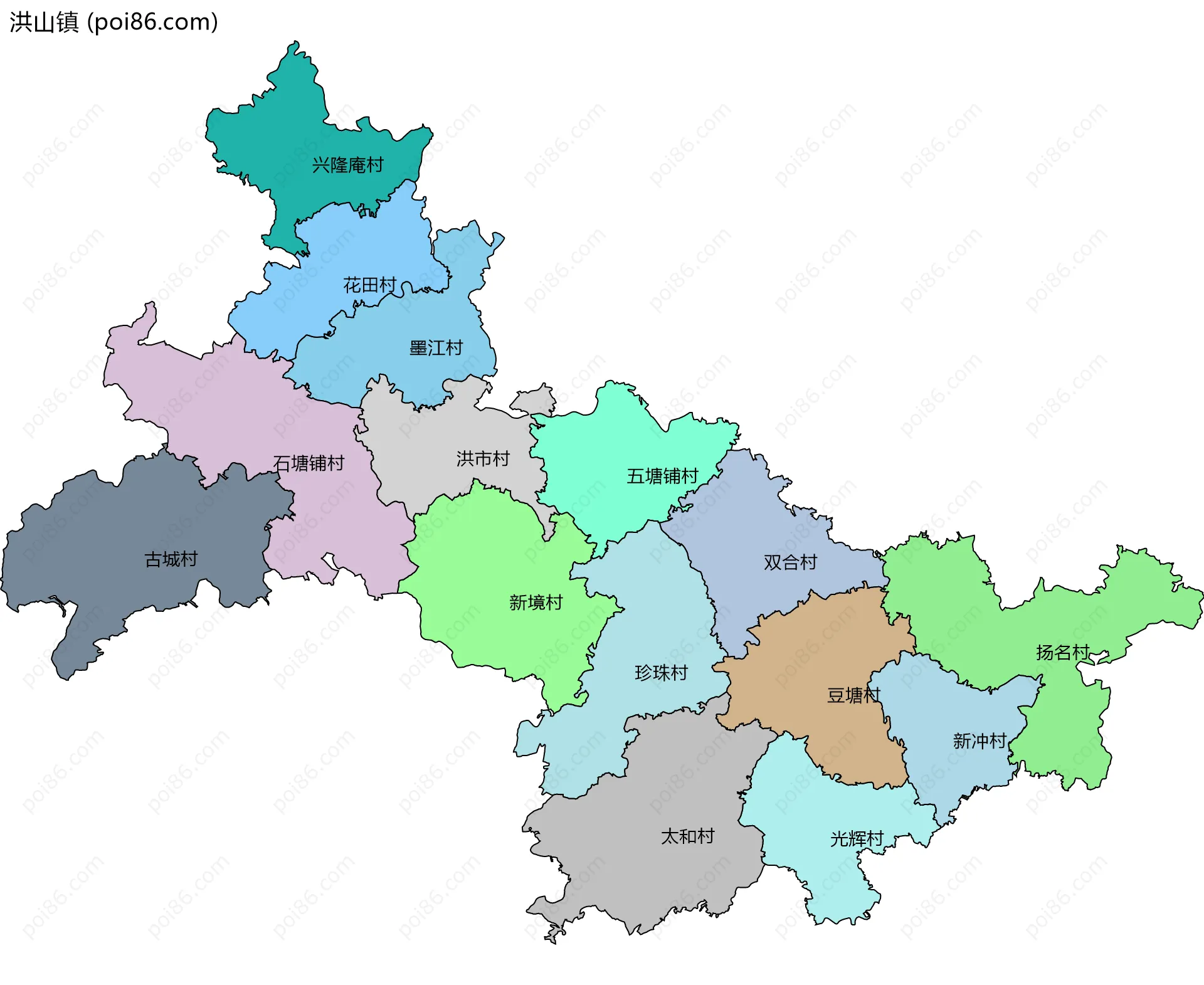 洪山镇边界地图(五级行政区划)