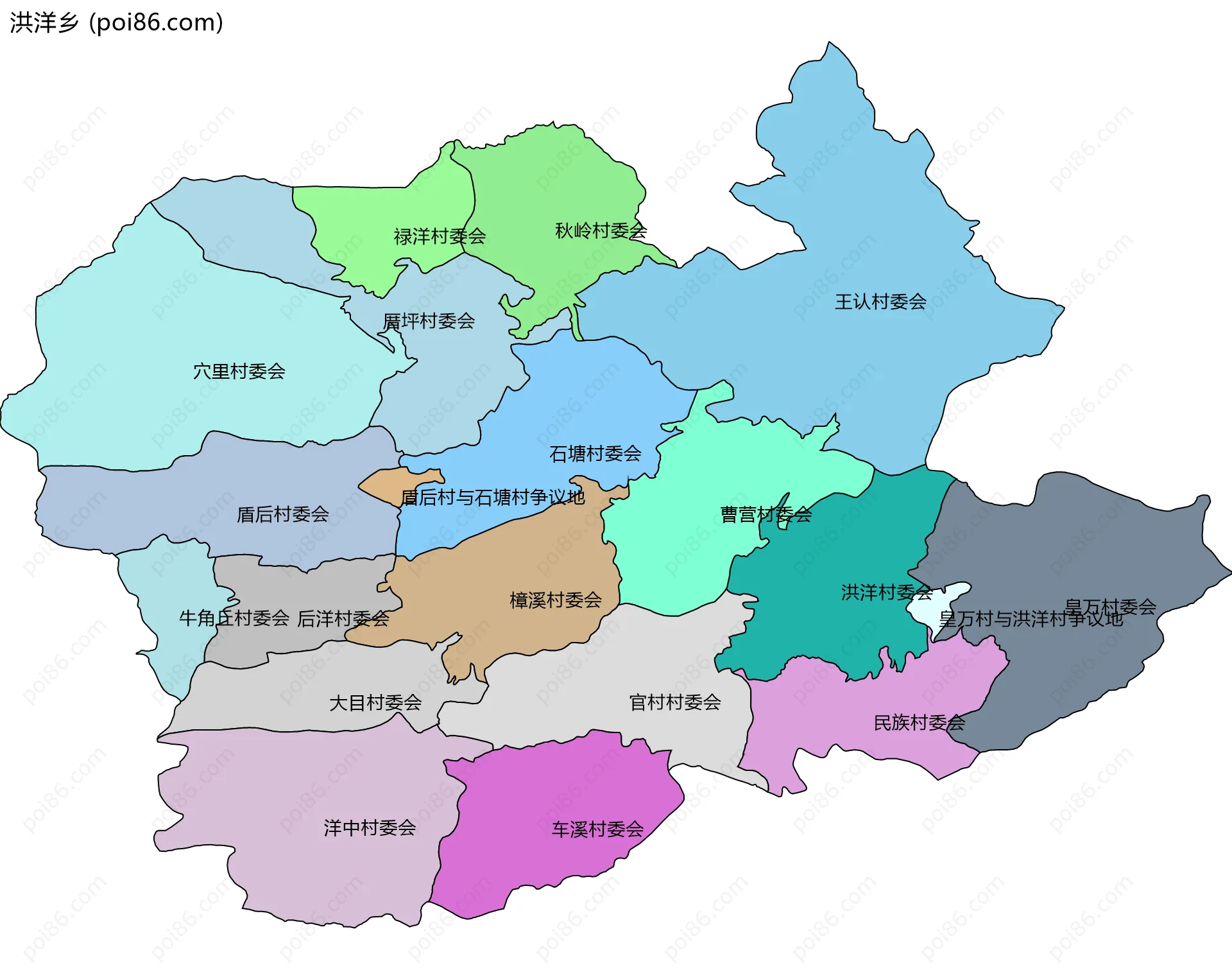 洪洋乡边界地图(五级行政区划)