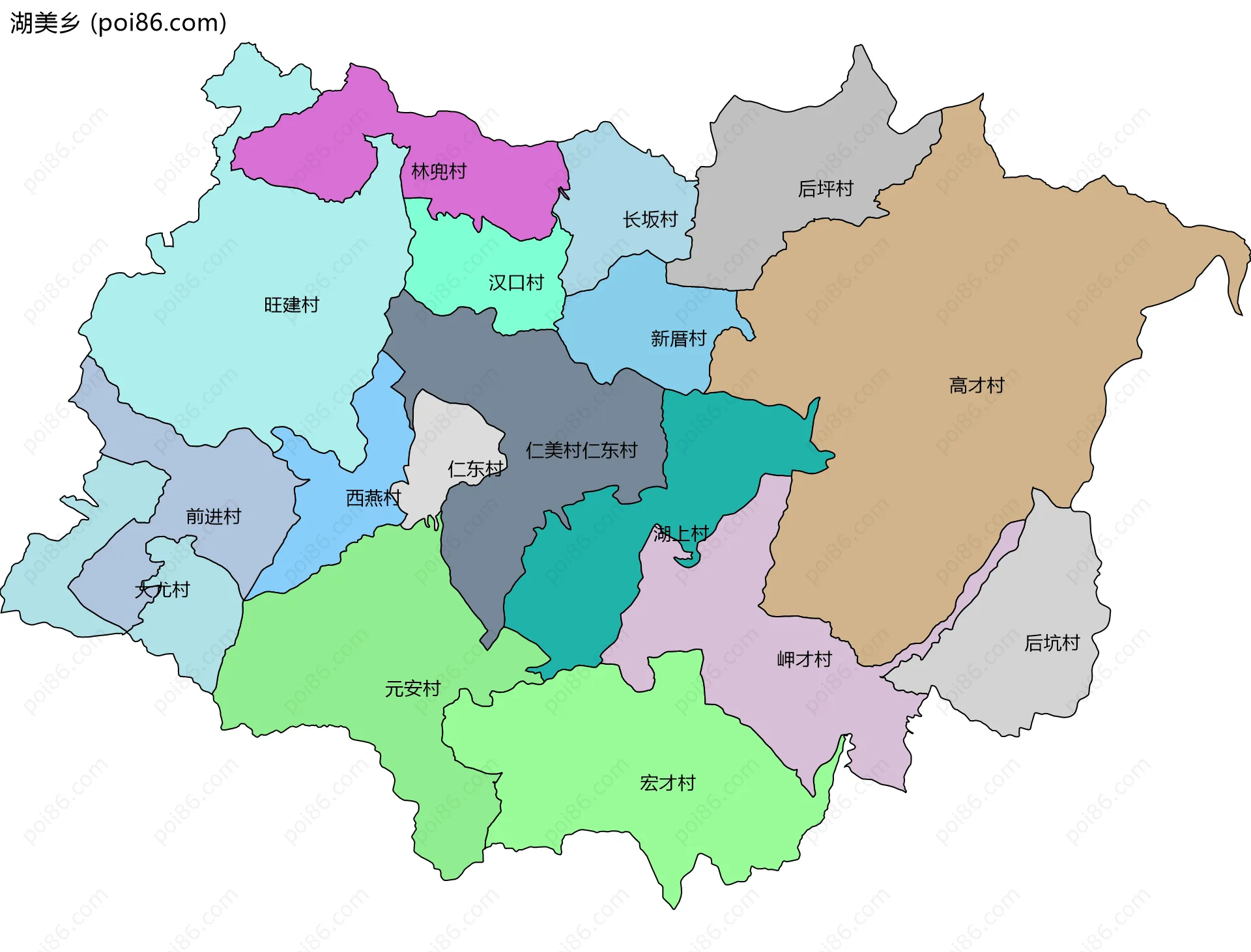 湖美乡边界地图(五级行政区划)