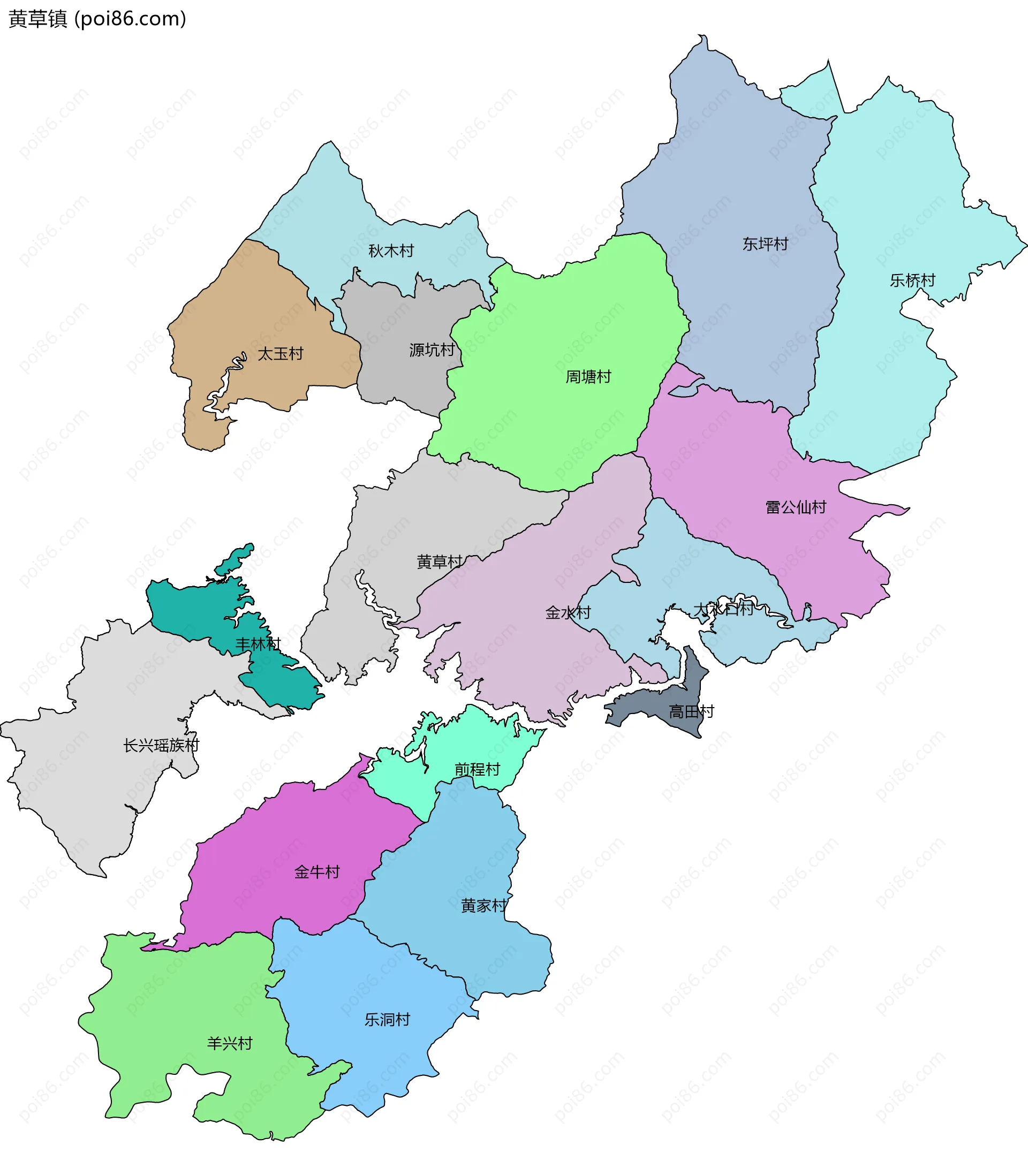 黄草镇边界地图(五级行政区划)