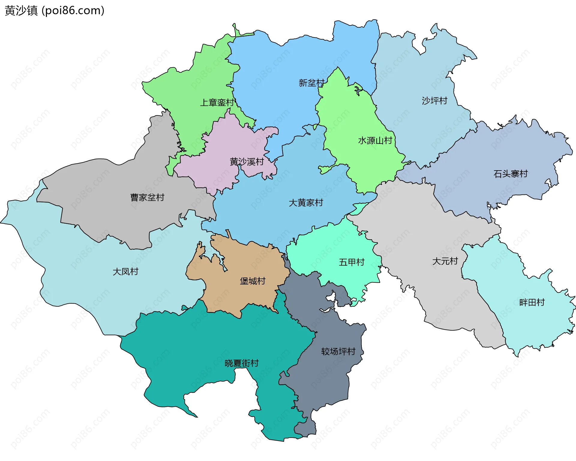 黄沙镇边界地图(五级行政区划)