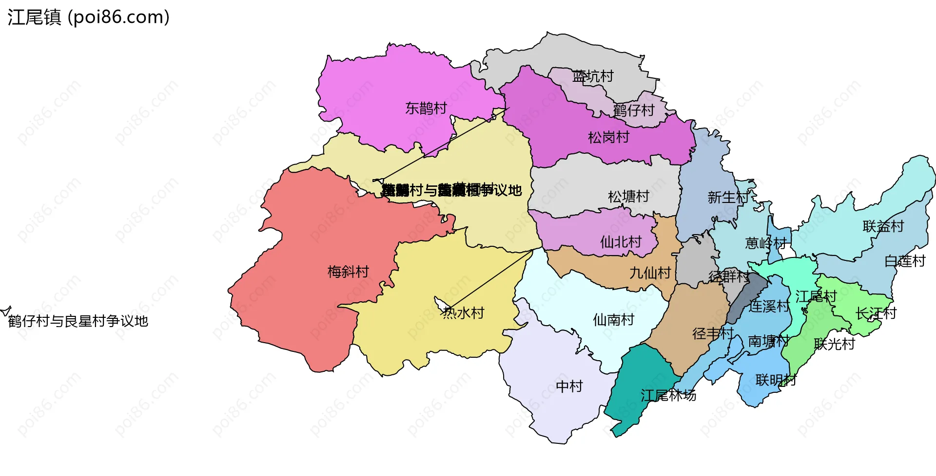 江尾镇边界地图(五级行政区划)