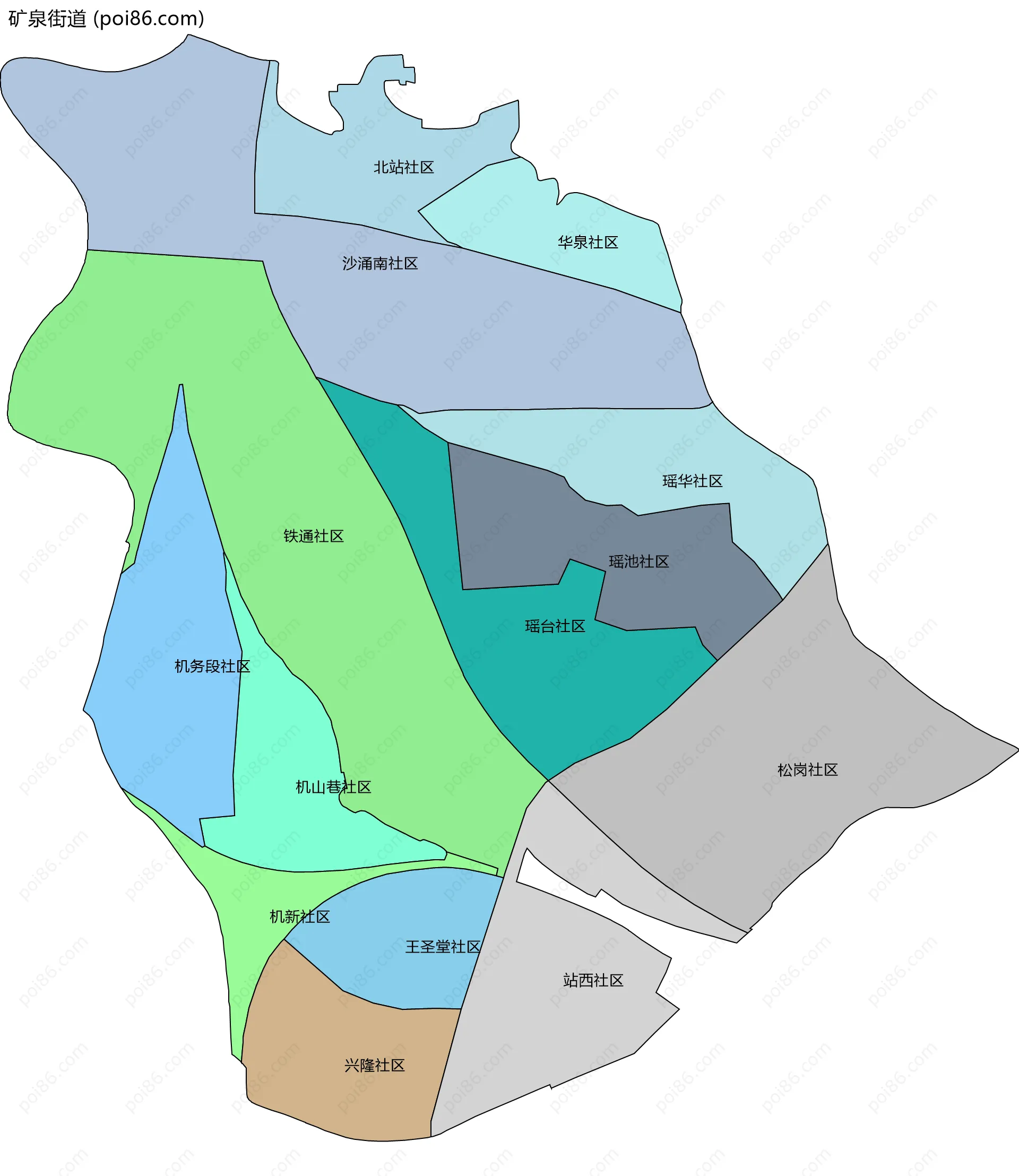 矿泉街道边界地图(五级行政区划)