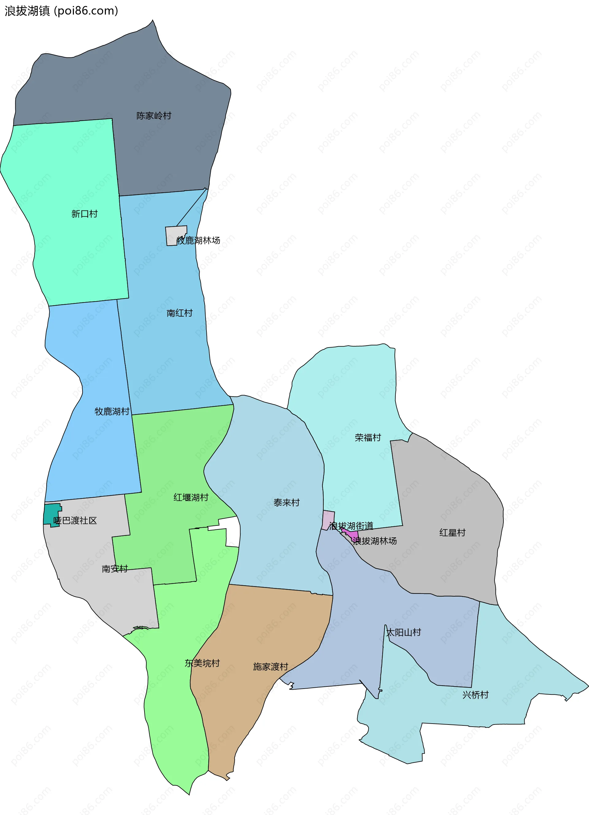 浪拔湖镇边界地图(五级行政区划)