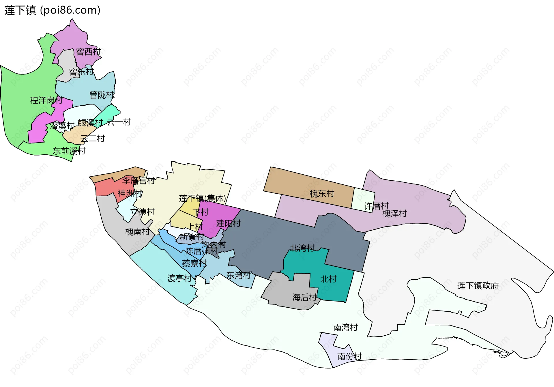 莲下镇边界地图(五级行政区划)