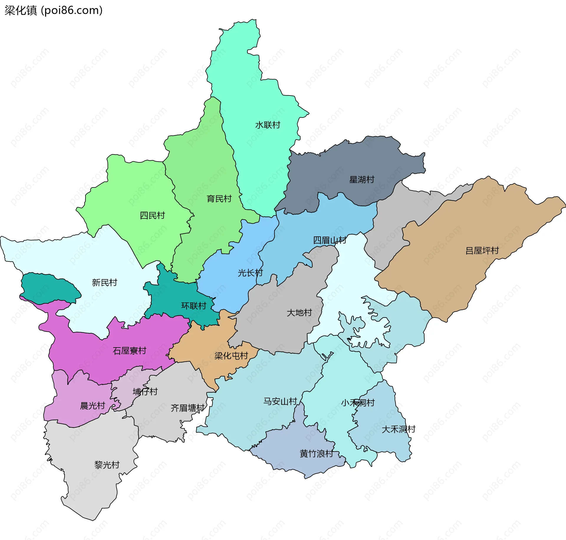 梁化镇边界地图(五级行政区划)