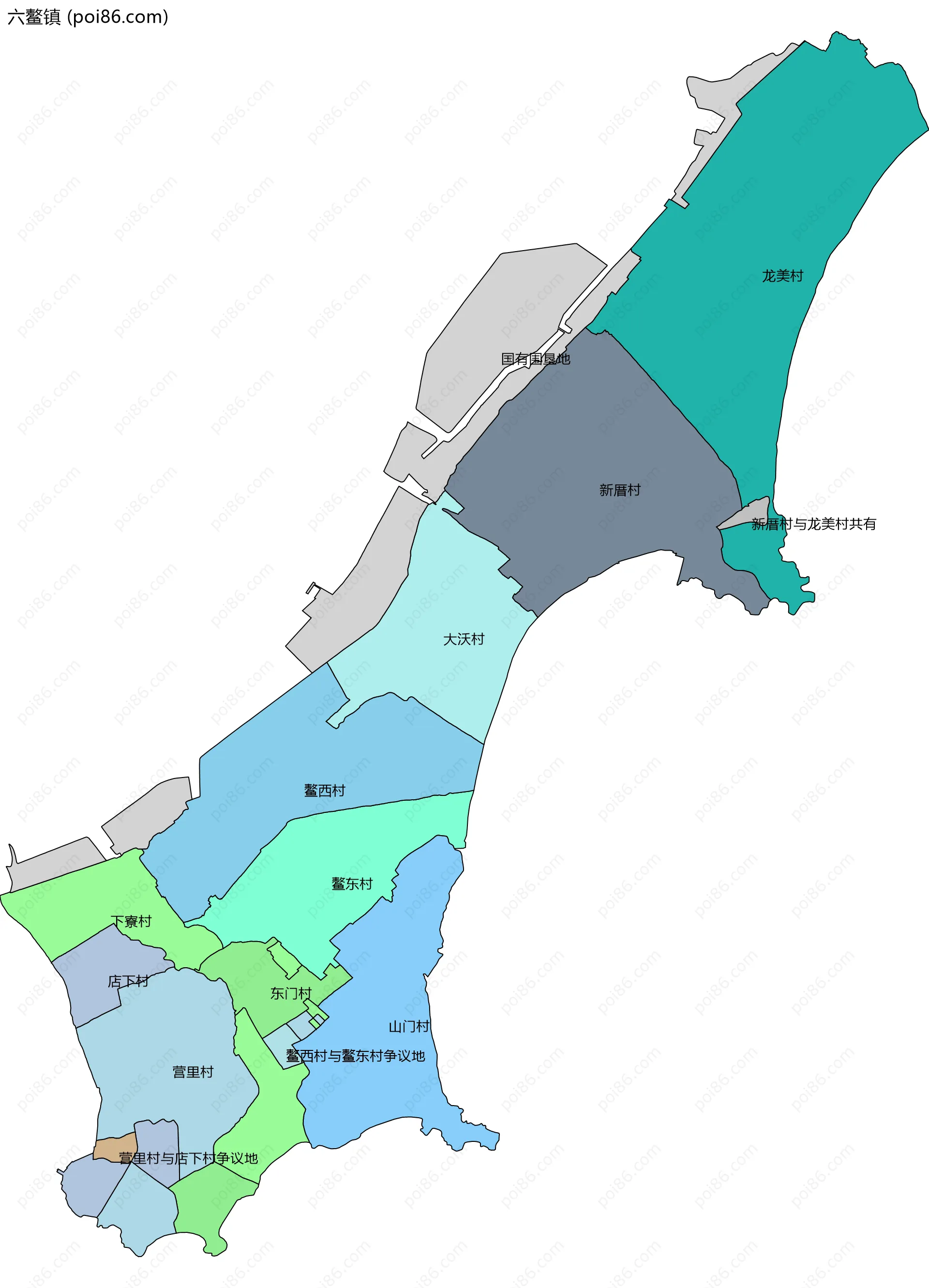六鳌镇边界地图(五级行政区划)