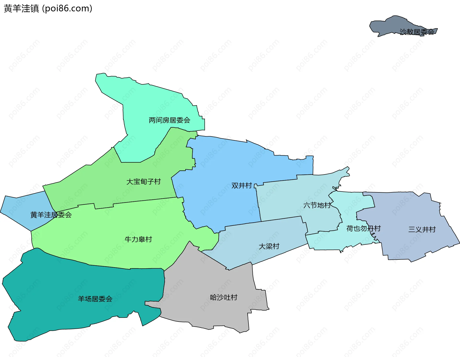 黄羊洼镇边界地图(五级行政区划)