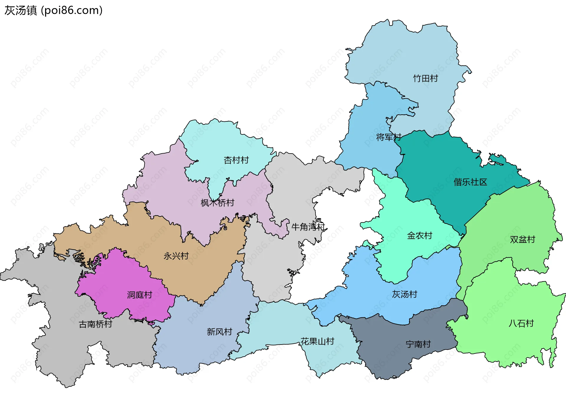 灰汤镇边界地图(五级行政区划)