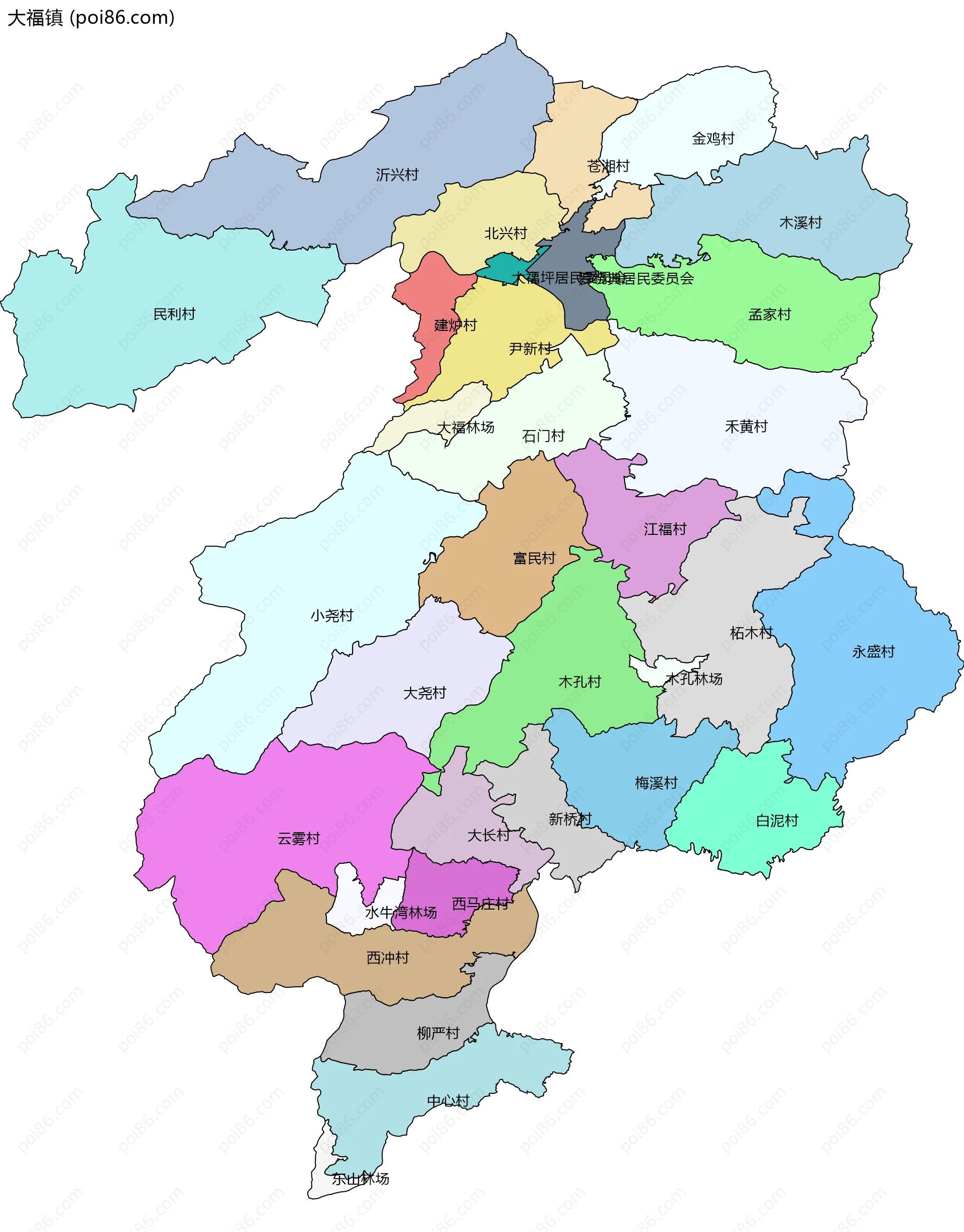 大福镇边界地图(五级行政区划)